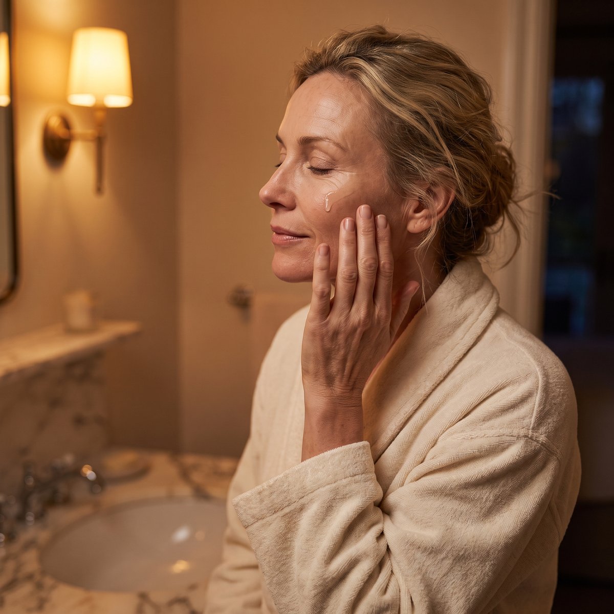 Frau Ende 40 trägt abends im warm beleuchteten Badezimmer Serum mit den Fingerspitzen auf die Wange auf