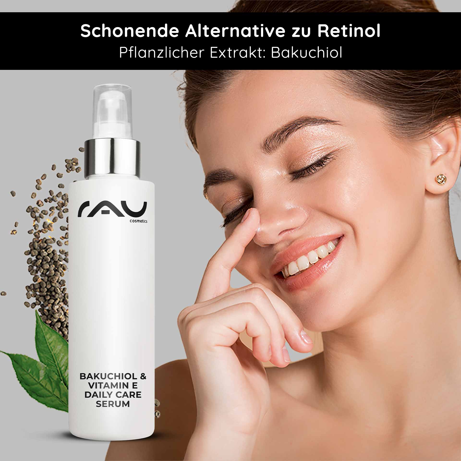 Bakuchiol & Vitamin E Daily Care Serum 100 ml Anti-Aging RAU Cosmetics Bakuchiol & Vitamin E Daily Care Serum – Produktabbildung des Anti-Aging-Serums in einem eleganten Airless-Spender mit sichtbarem Etikett und transparentem Hintergrund.