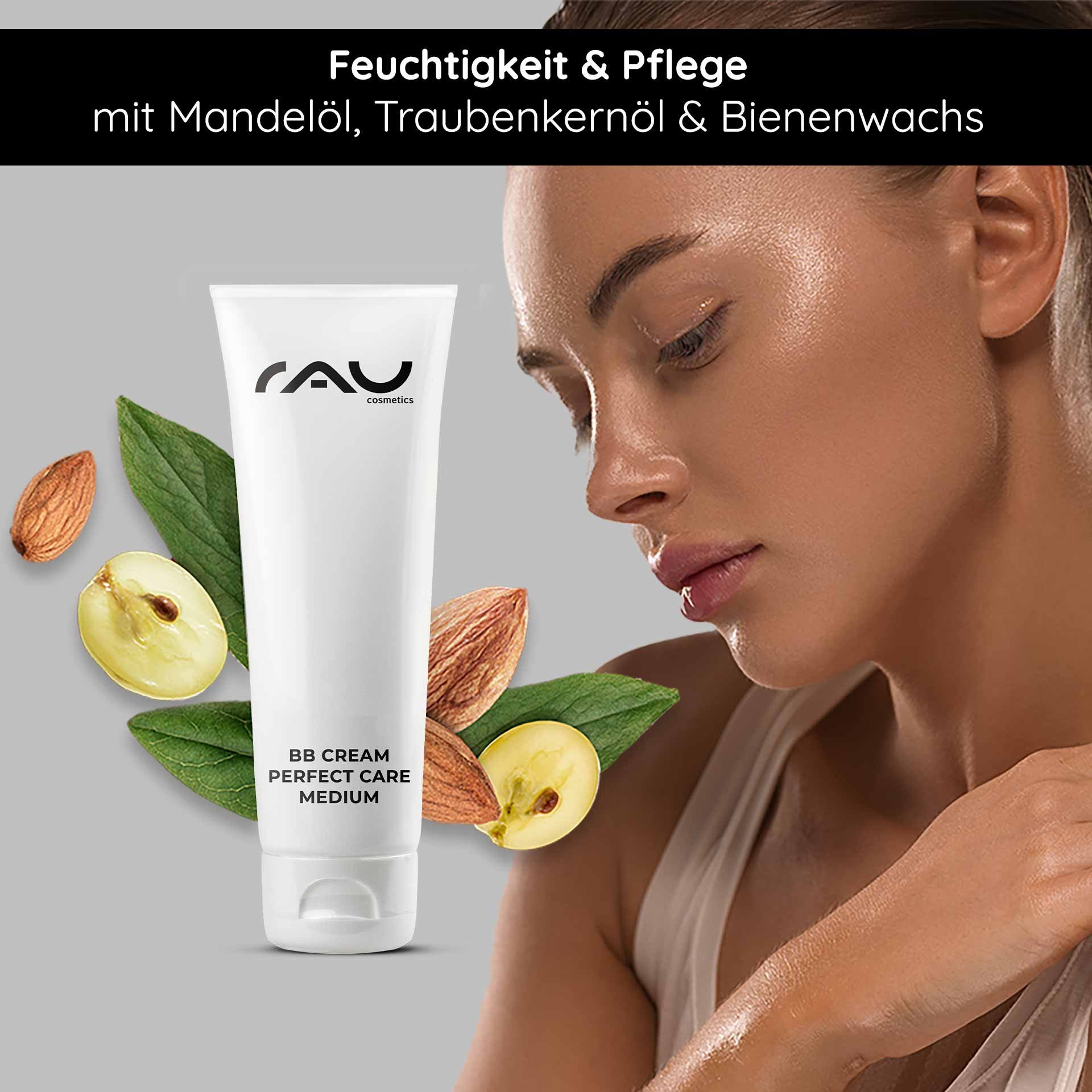 RAU Cosmetics BB Cream Perfect Care Mittlere Tube mit Mandeln und Blättern, mit besonderer Betonung der feuchtigkeitsspendenden und hautpflegenden Wirkung.