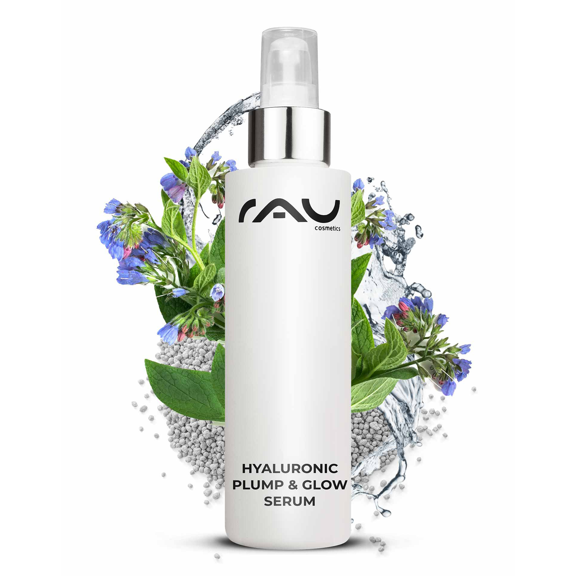RAU Cosmetics Hyaluronic Plump & Glow Serum 100 ml Kräuterig, Pflanze, Flasche, Kosmetik, Parfüm