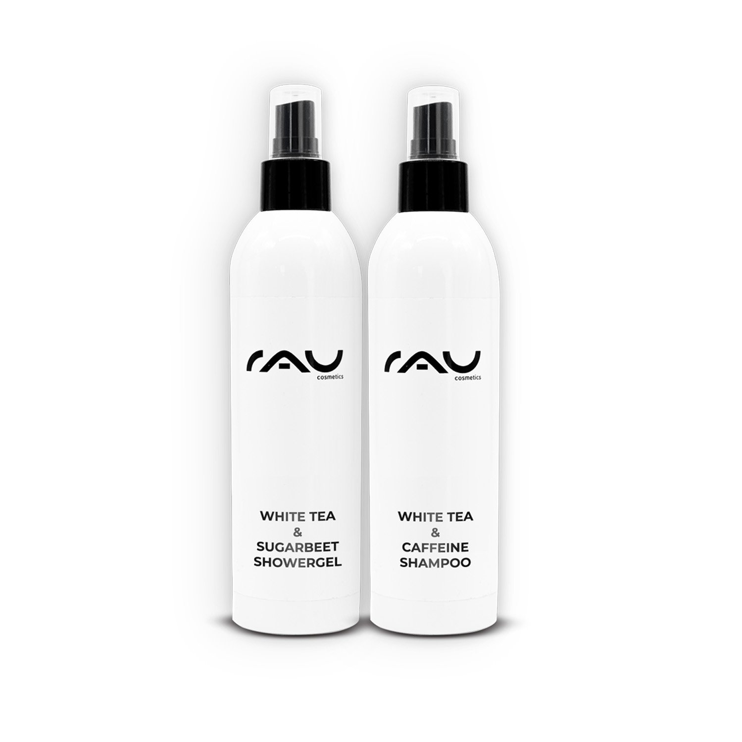 White Tea & Sugar Beet Showergel und White Tea & Caffeine Shampoo von RAU Cosmetics sorgen für eine sanfte Reinigung und revitalisierende Pflege von Haut und Haar.