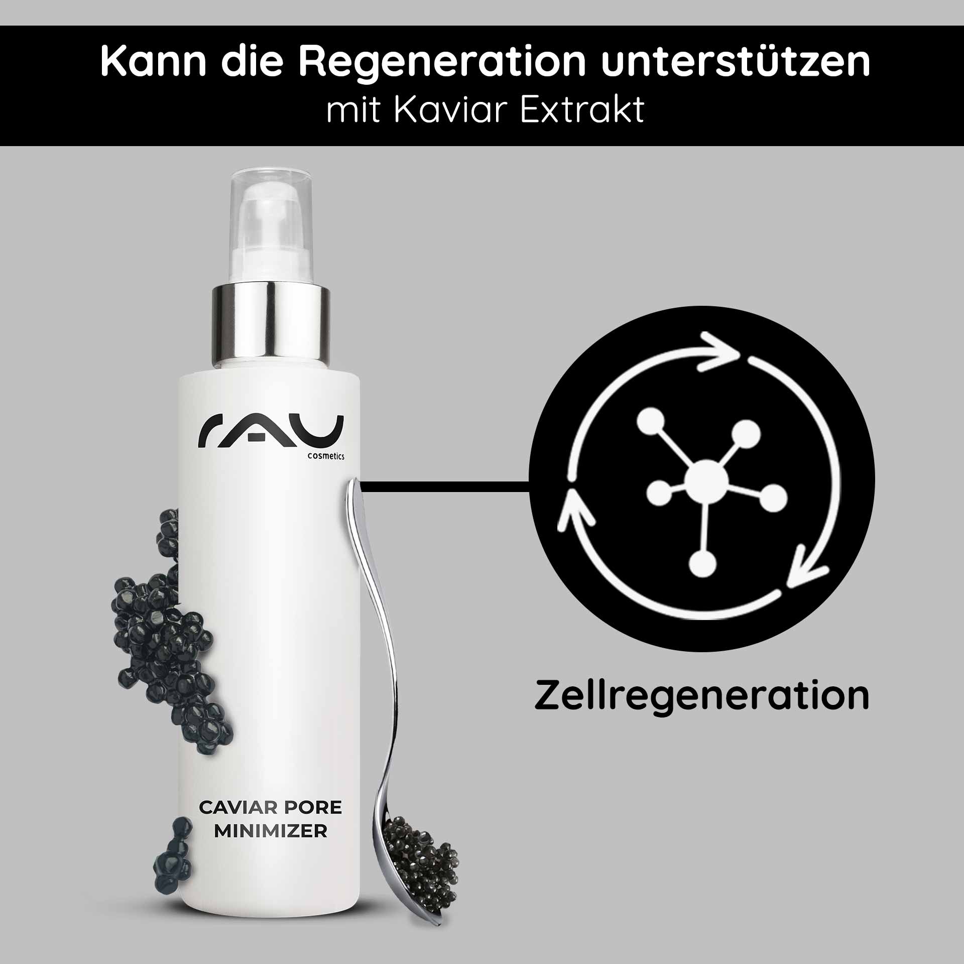 Caviar Pore Minimizer Serum 100 ml with Plankton Extract Flasche RAU Cosmetics Caviar Pore Minimizer Serum mit Kaviarextrakt, das die Vorteile der Porenverkleinerung und Zellregeneration hervorhebt.