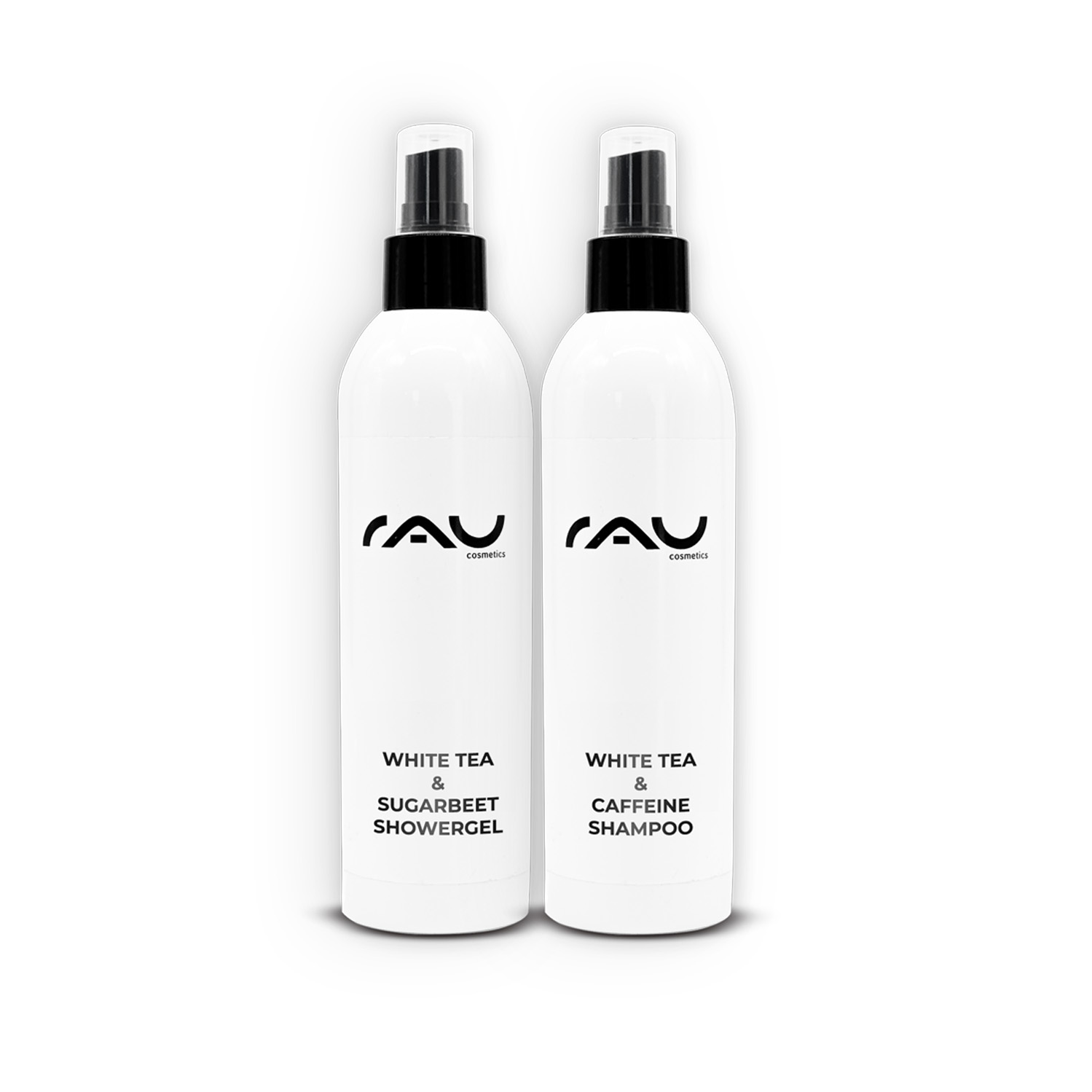 Body Bundle 3 „Fresh Energy“ White Tea & Sugar Beet Showergel und White Tea & Caffeine Shampoo von RAU Cosmetics sorgen für eine sanfte Reinigung und revitalisierende Pflege von Haut und Haar.