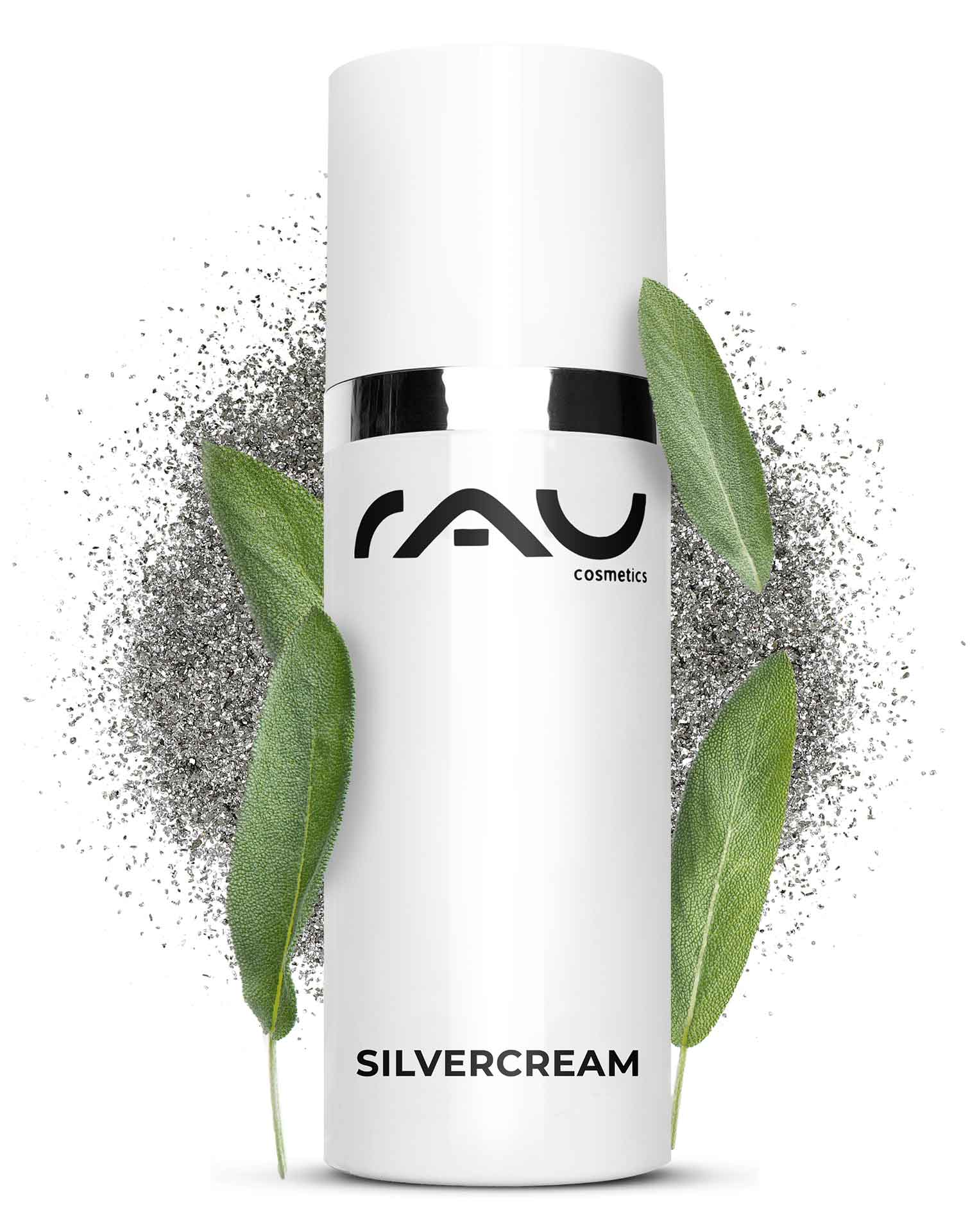 Silbercreme 50 ml - Silver Repaircream gegen Pickel bei Unreinheiten RAU Silvercream-Verpackung mit Logo, Silberpartikeln und grünen Blättern, entwickelt für zu Akne neigende und empfindliche Haut, wobei die beruhigenden und entzündungshemmenden Eigenschaften hervorgehoben werden.