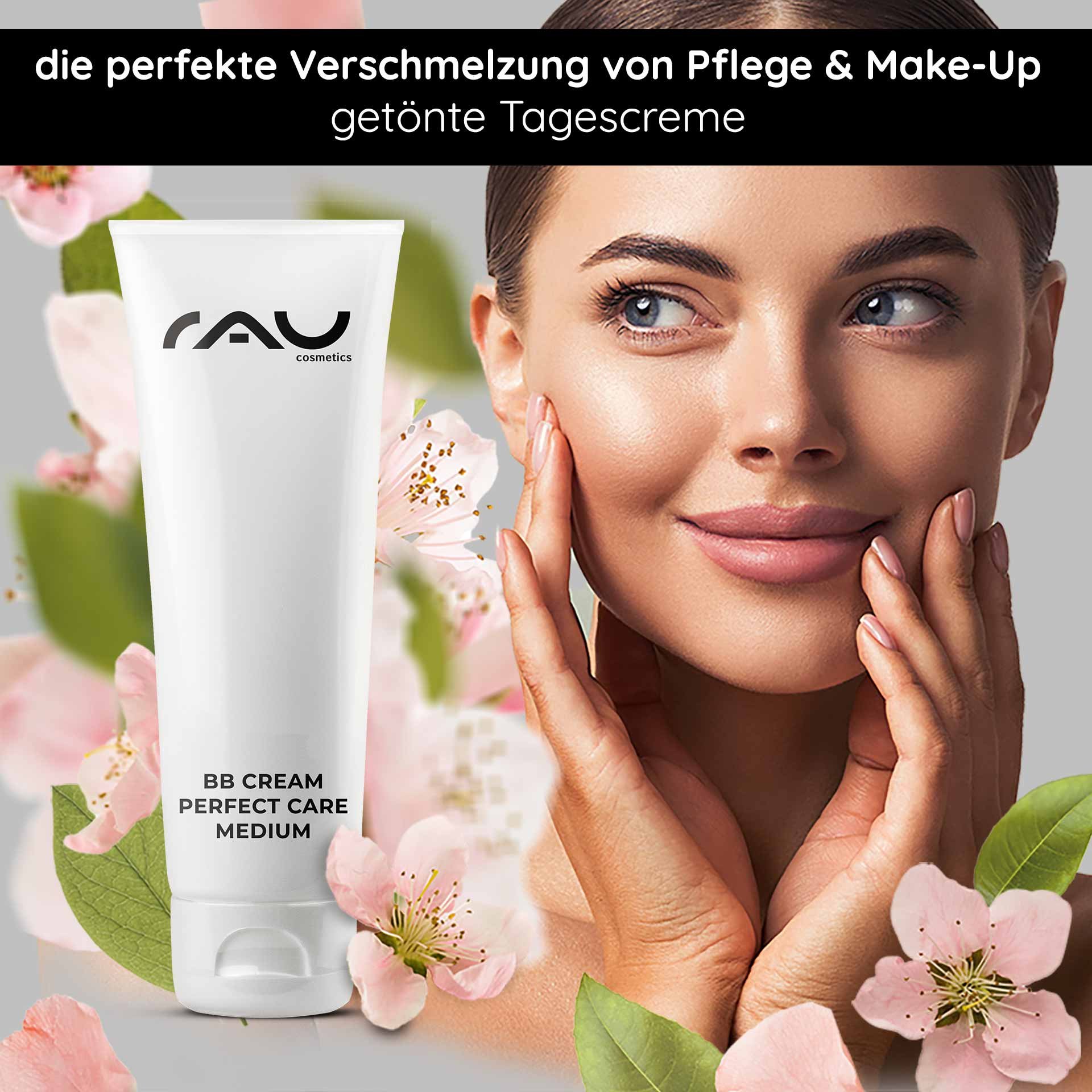 RAU Cosmetics BB Cream Perfect Care Medium-Tube mit Modell, das strahlende Haut und floralen Hintergrund zeigt und die Vorteile der Hautpflege und des Make-ups hervorhebt.