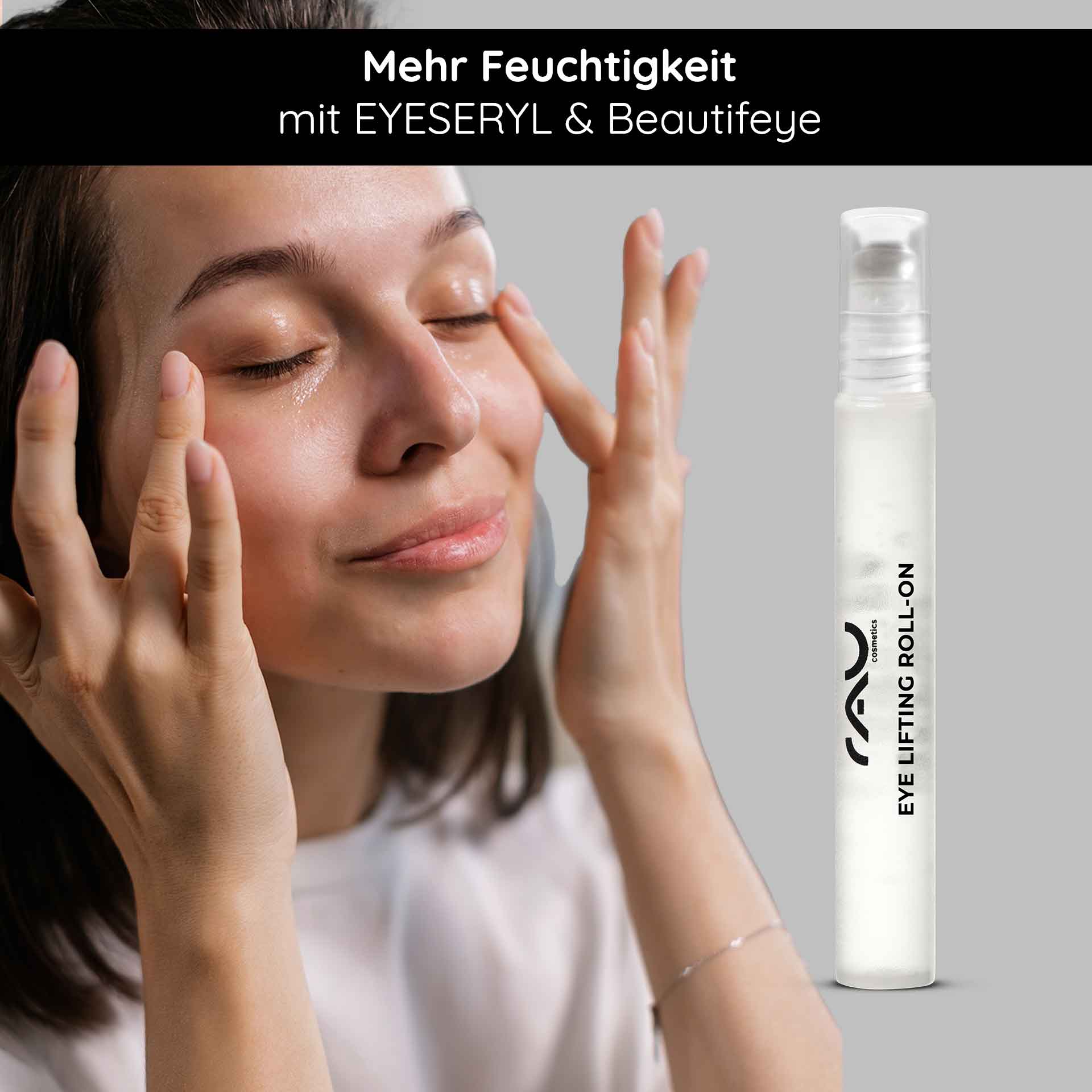 Eye Lifting Roll On 10 ml für eine strahlende Augenpartie Frau mit frischem Teint, die den RAU Cosmetics Eye Lifting Roll-On anwendet, zur Bekämpfung von Augenringen und Falten, betont durch die Inhaltsstoffe EYESERYL und Beautifeye.