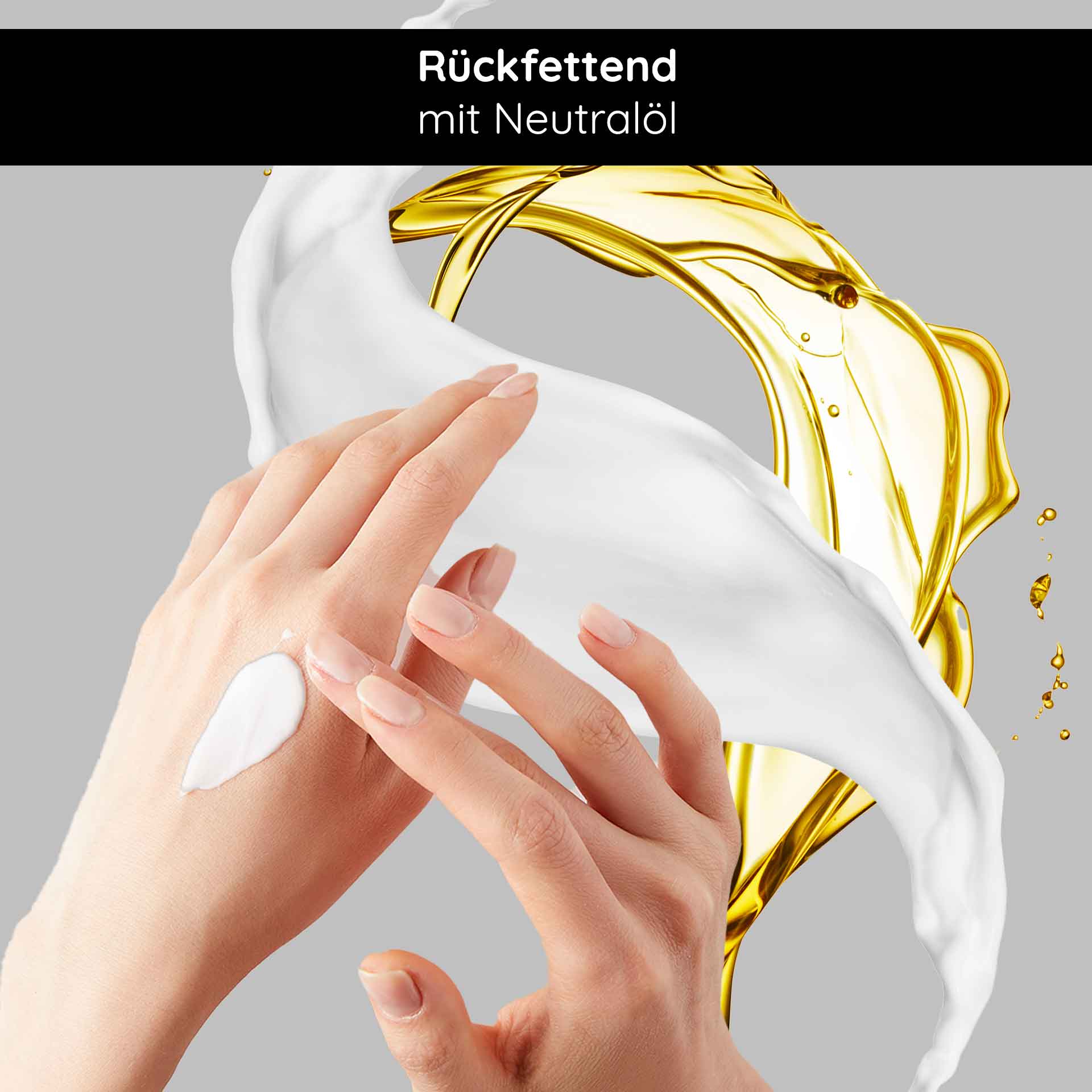 Silver Hand & Foot Care 500 ml for hand & foot cream Hände mit Handcreme und neutralem Öl, umgeben von cremiger Textur und goldenen Öltropfen, symbolisiert die pflegenden Eigenschaften der RAU Cosmetics Silver Hand & Foot Care.