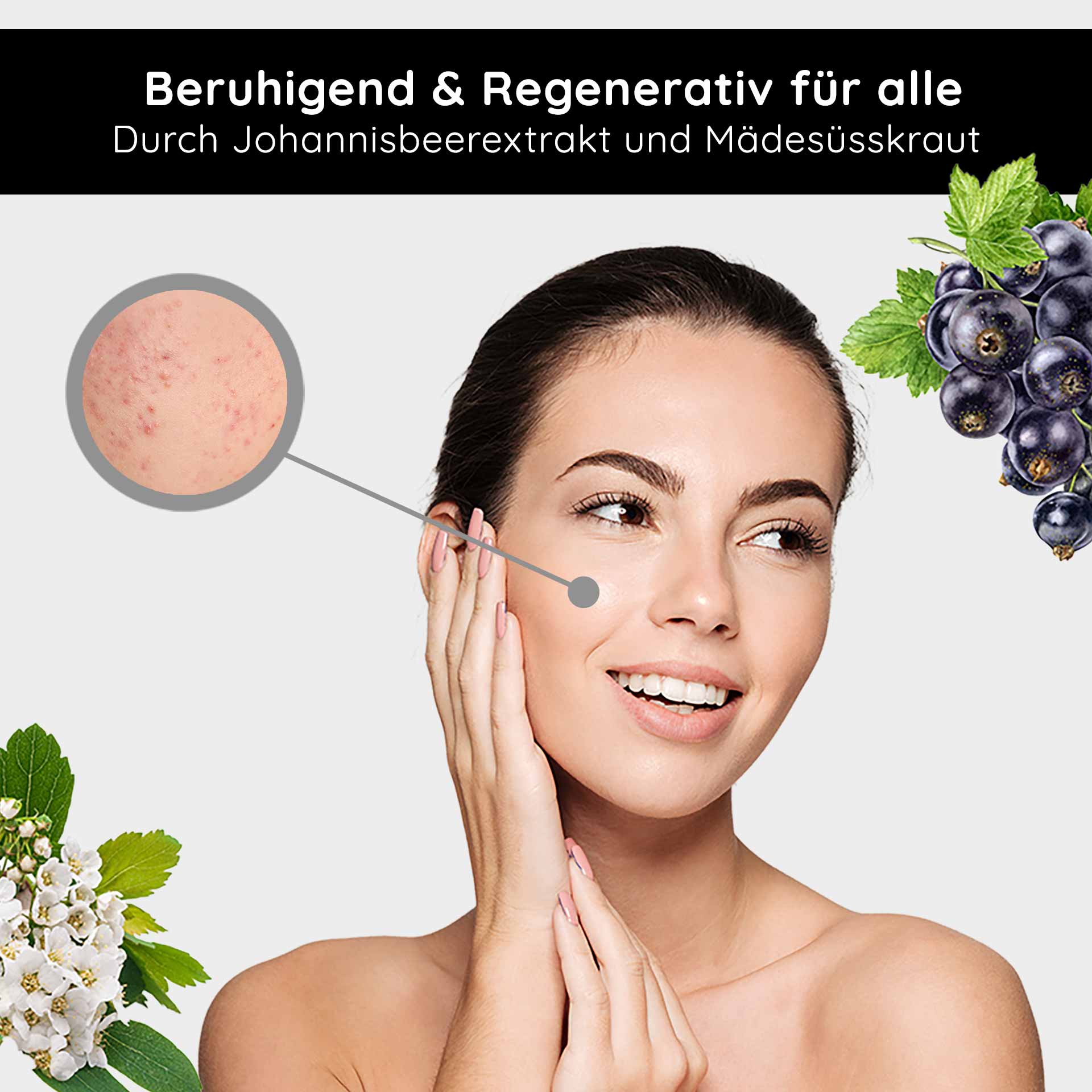 Beyond Herbal Tonic 1000 ml Gesichtswasser Natur Frau mit strahlendem Gesicht und sanftem Lächeln, zeigt beruhigende Hautpflegewirkung durch Johannisbeerenextrakt und Mädesüßkraut, mit hervorgehobener Hautstelle.