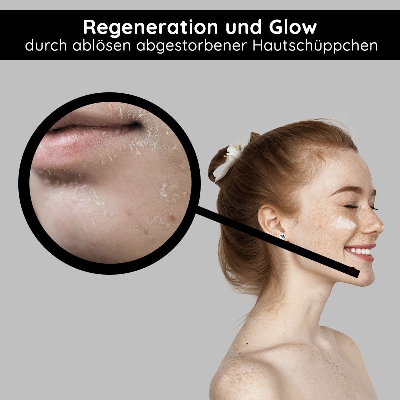 Regeneration und Glow durch Fruchtsäurepeeling, Hautschüppchen abgelöst, Hautpflege für klare und strahlende Haut.