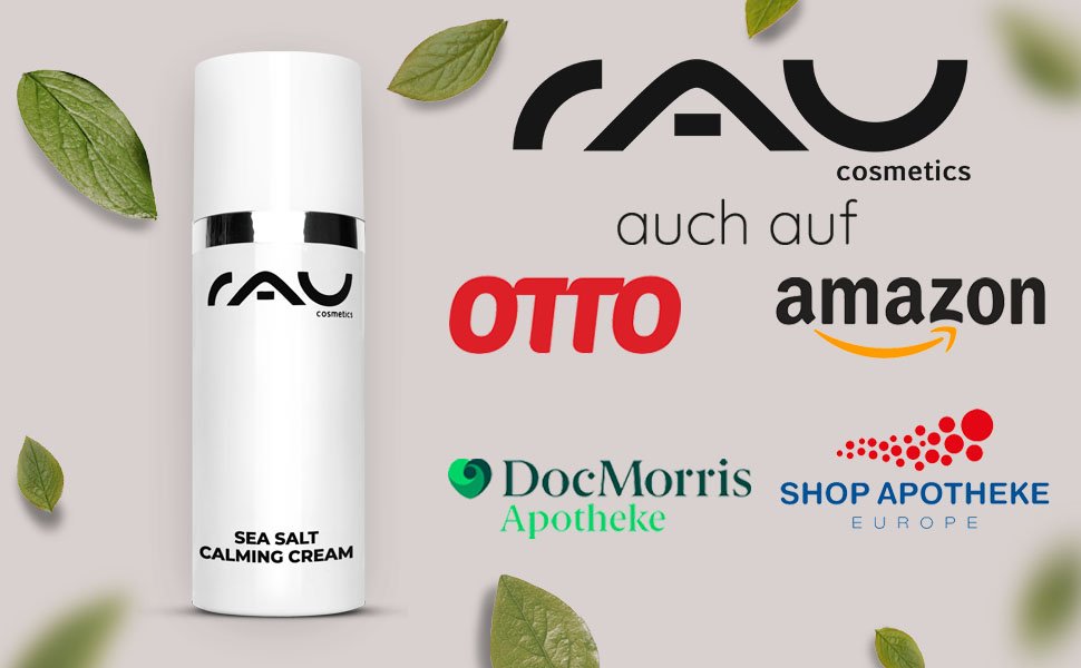 Flasche der RAU Sea Salt Calming Cream mit natürlichen Elementen, mit Marken- und Einzelhandelslogos für einen einfachen Kauf.