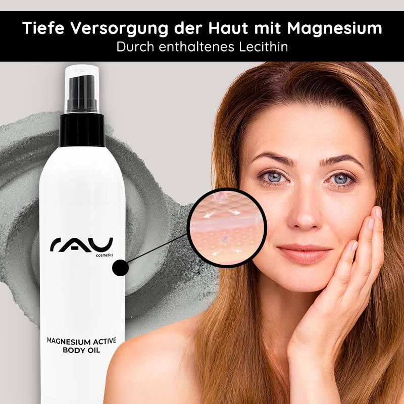 Flasche Magnesium Active Body Oil mit RAU Cosmetics-Branding, Frau trägt Öl auf ihr Gesicht auf und betont die Vorteile der Hautfeuchtigkeit durch Lecithin vor einem sanften grauen Hintergrund.