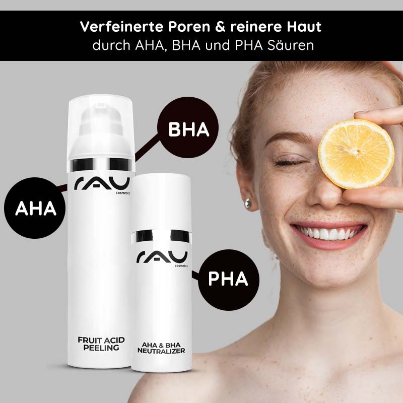 Fruchtsäurepeeling von RAU Cosmetics mit AHA, BHA und PHA, lächelnde Frau mit Zitrone, verfeinerte Poren und reine Haut.