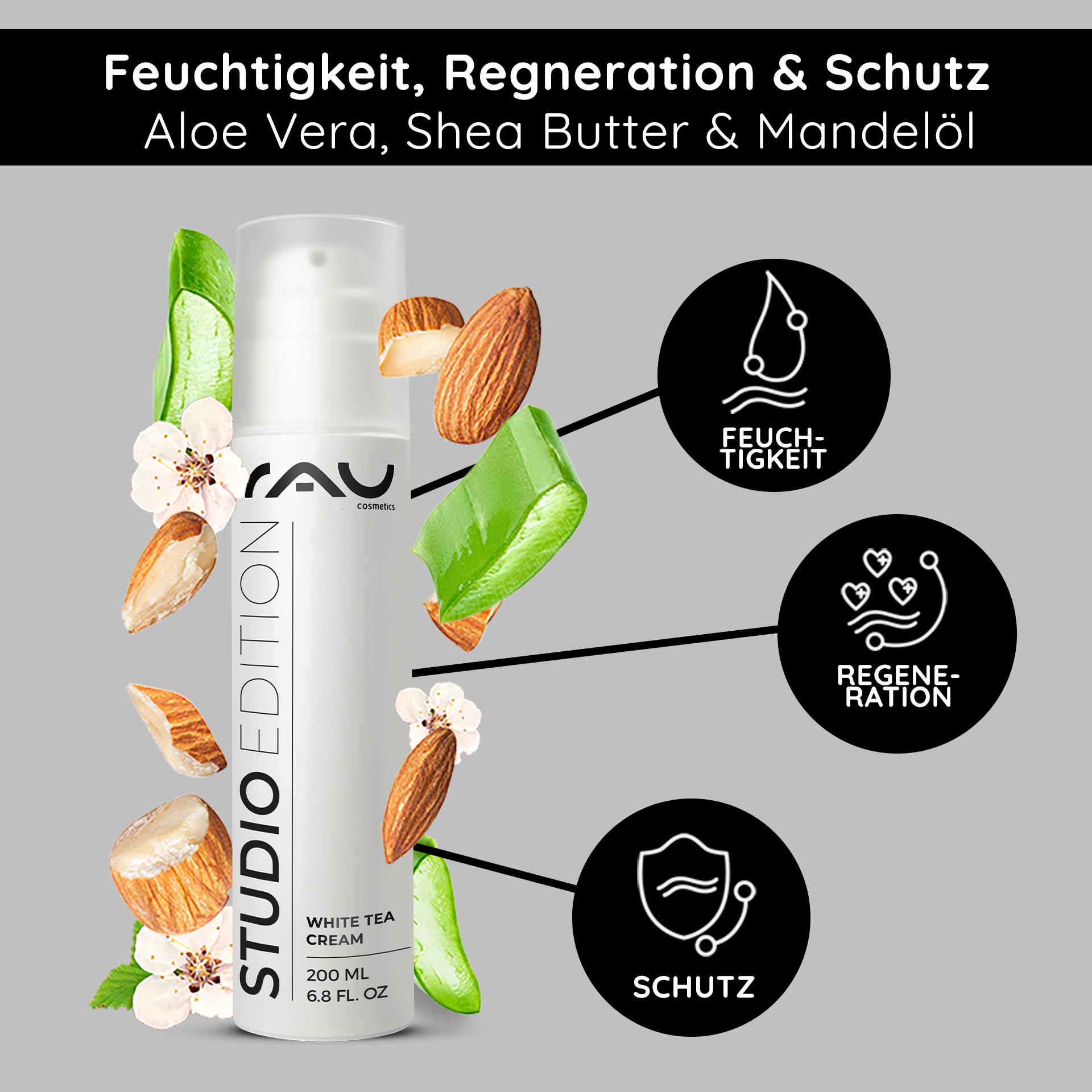 White Tea Cream 200 ml Anti Aging Creme mit Weißem Tee RAU Cosmetics White Tea Cream 200 ml, mit Aloe Vera, Sheabutter und Mandelöl, mit Schwerpunkt auf Feuchtigkeit, Regeneration und Schutz für alle Hauttypen.