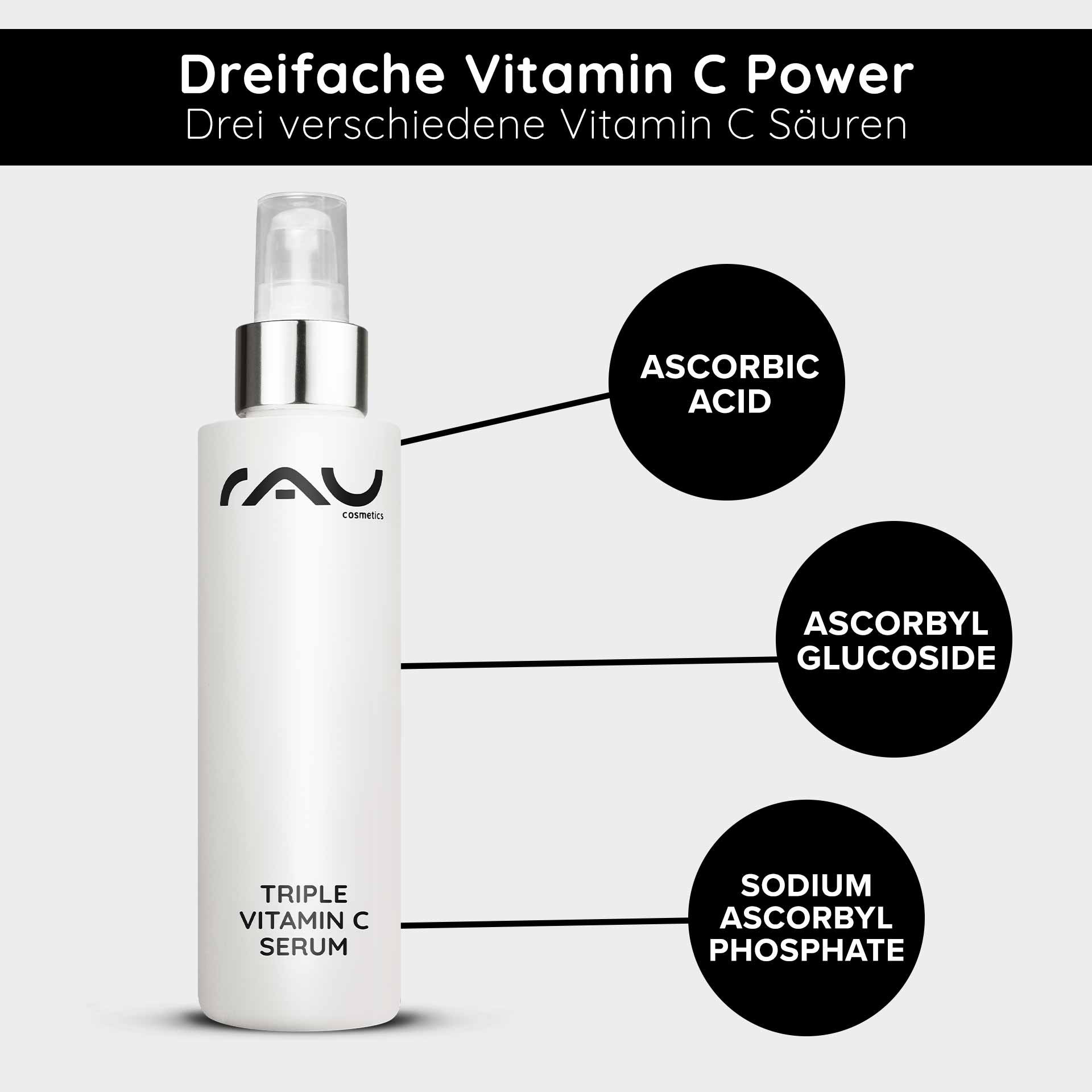 Flasche mit RAU Cosmetics Triple Vitamin C Serum, beschriftet mit drei verschiedenen Vitamin C Säuren: Ascorbinsäure, Ascorbylglucosid und Natriumascorbylphosphat.
