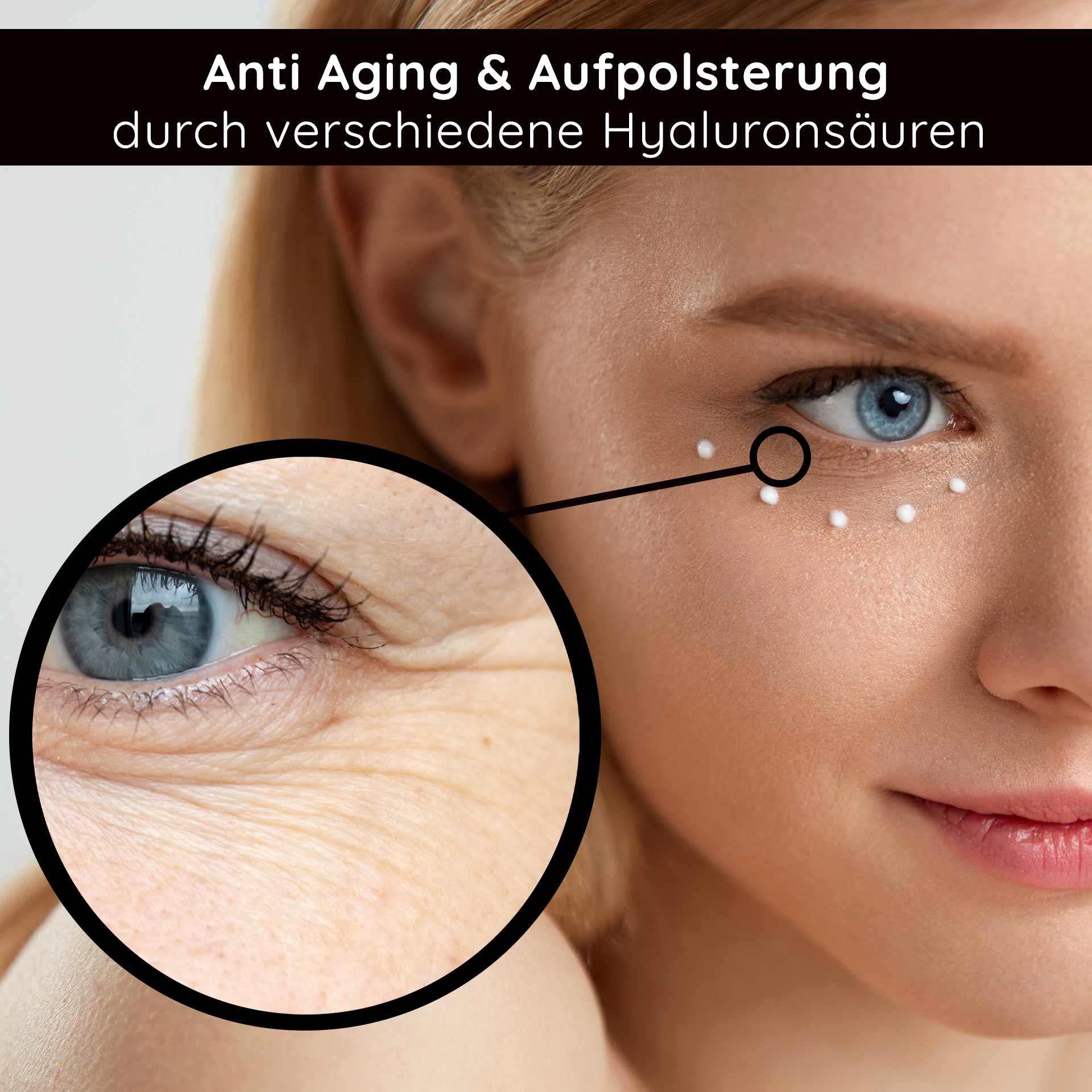 Anwendung von Hyaluron Moisturizing Eye Fluid auf der Augenpartie des Models, wobei die Anti-Aging-Vorteile und die Feuchtigkeitsversorgung hervorgehoben werden, mit Nahaufnahme der feinen Linien.