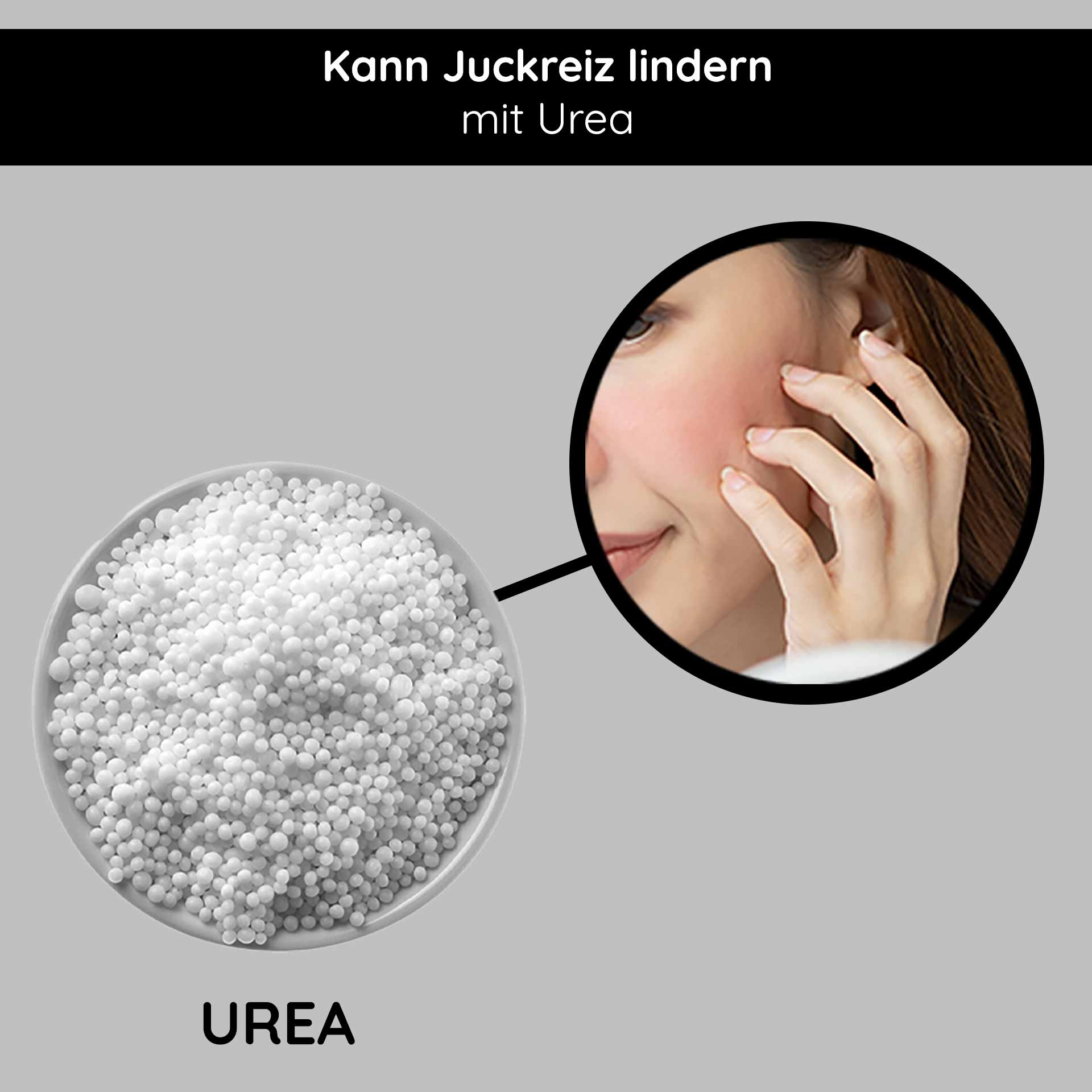 Calming & Repair Mask 50 ml Beruhigende Maske mit Urea Harnstoff in einer Schüssel mit einer Nahaufnahme einer Frau, die ihn auf ihre Wange aufträgt und seine Vorteile bei der Linderung von Juckreiz und der Verbesserung der Hautfeuchtigkeit hervorhebt.