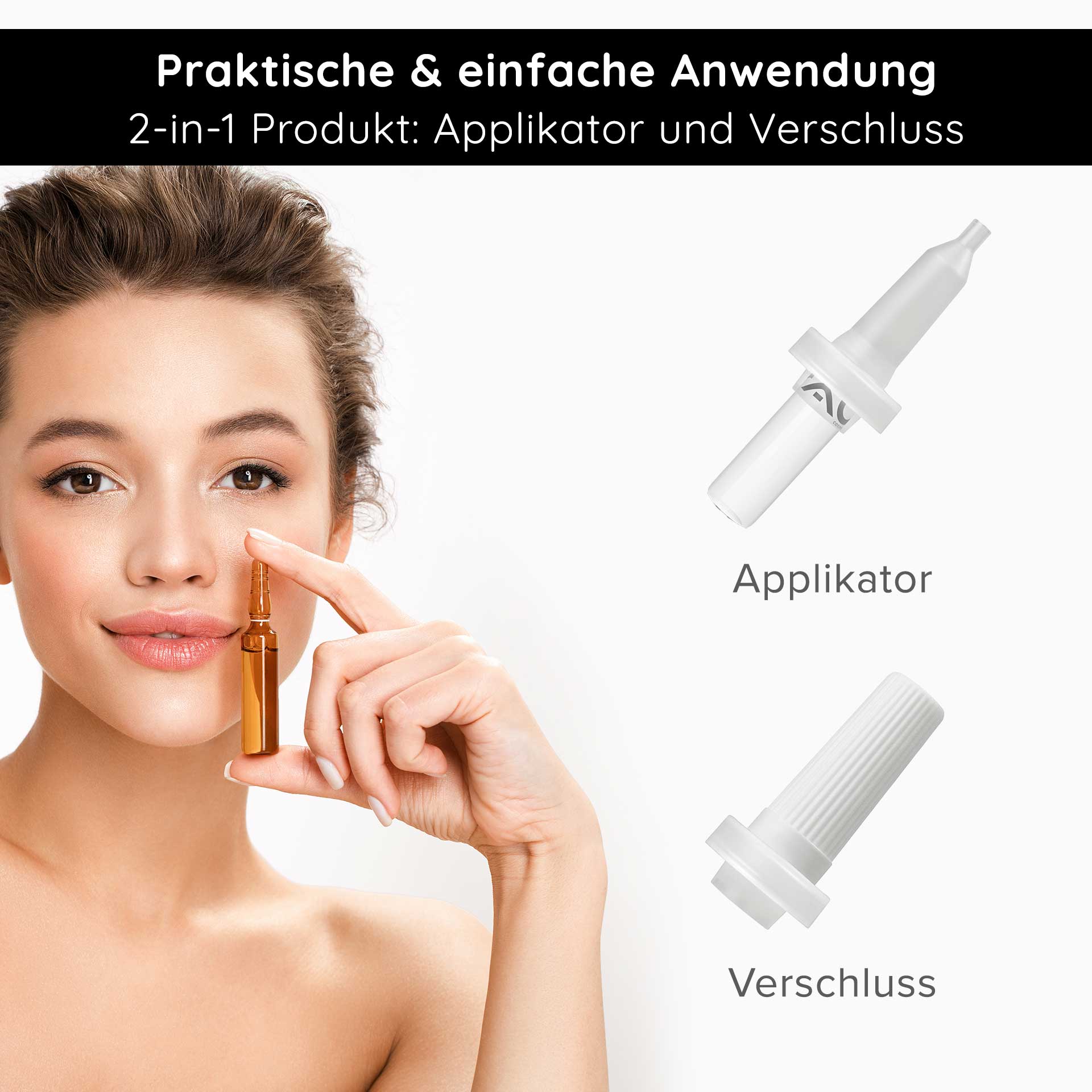 Ampoule Applicator 2 ml ampoules Frau mit braunen Haaren hält eine braune Ampulle und zeigt auf ihr Gesicht, 2-in-1 Applikator und Verschluss für RAU Cosmetics hochkonzentrierte Hautpflegeampullen.