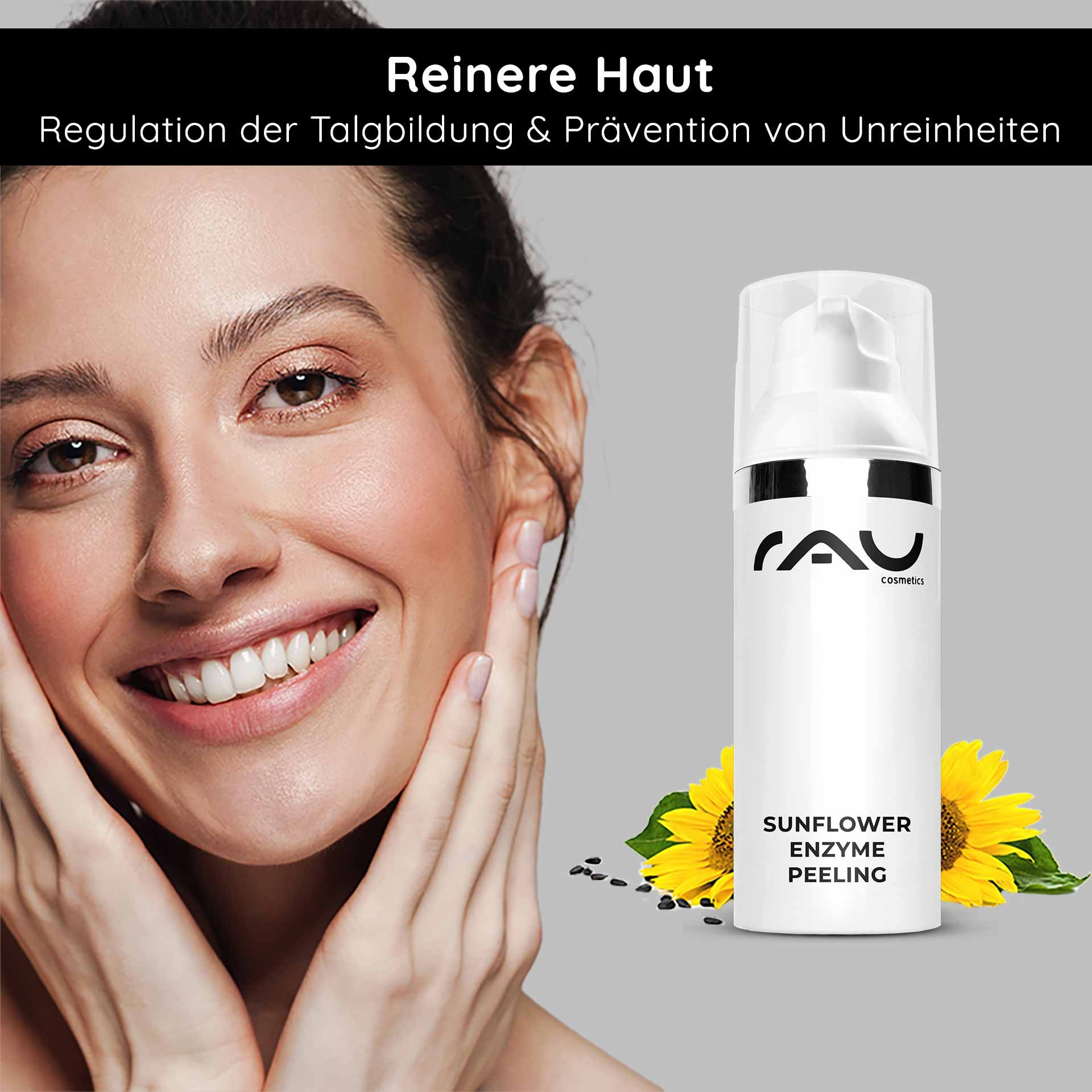 Frau mit strahlendem Teint und lächelndem Gesicht, hält ihr Gesicht sanft, neben dem RAU Cosmetics Sunflower Enzyme Peeling, das für reinere Haut und Talgbildungsregulation beworben wird.