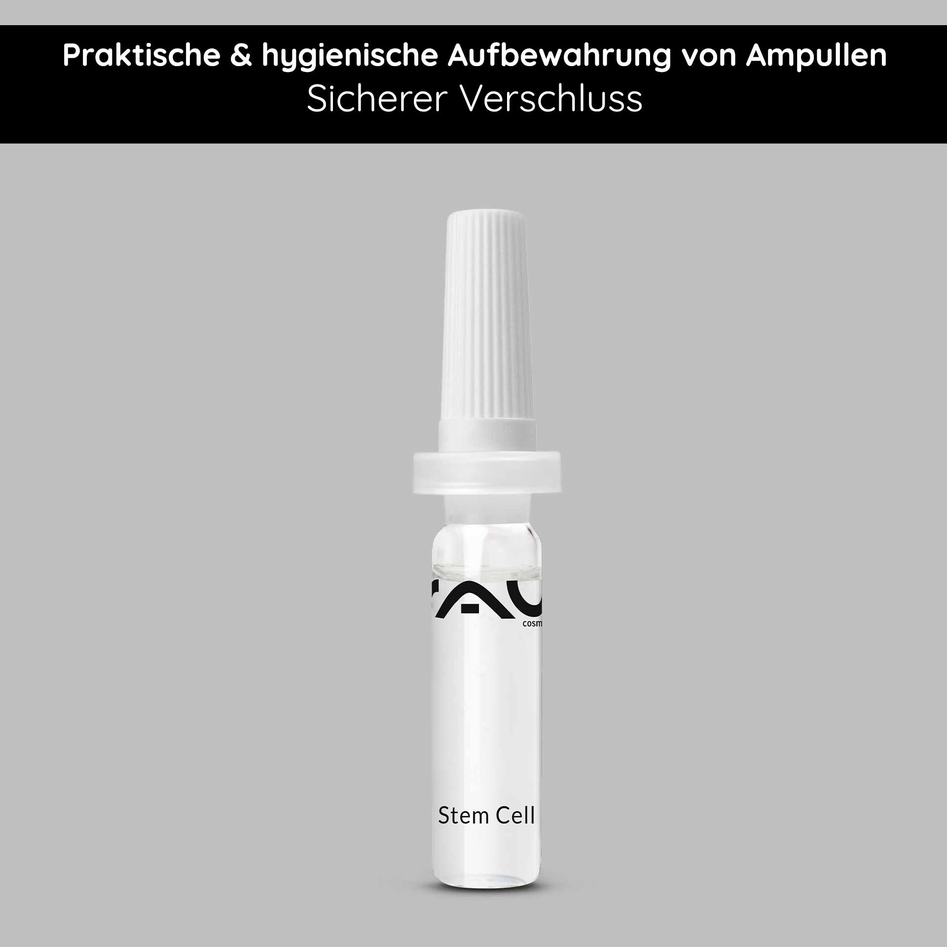 Ampullenöffner & Ampullenapplikator Set Ampullenöffner & Ampullenapplikator Set von RAU Cosmetics, sicherer Verschluss für hygienische Aufbewahrung von Gesichtsampullen, mit Stem Cell-Label.