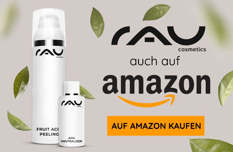 Flaschen mit Fruchtsäurepeeling und AHA-Neutralisator von RAU Cosmetics werden ausgestellt und können über Amazon gekauft werden.