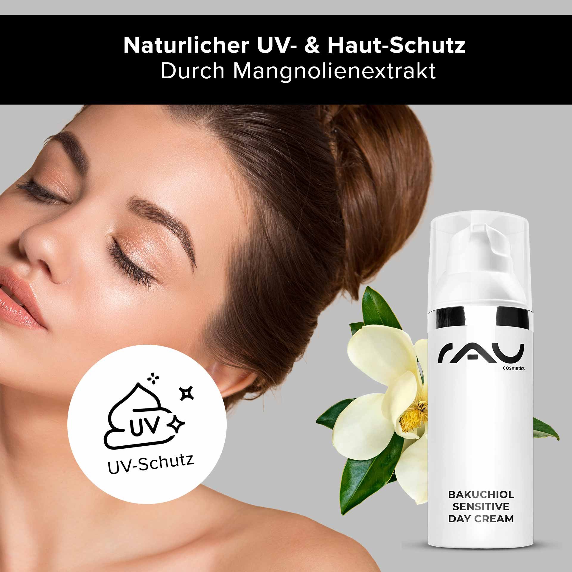 Bakuchiol Sensitive Day Cream von RAU Cosmetics, präsentiert ein Model mit strahlender Haut, betont den natürlichen UV- und Hautschutz durch Magnolienextrakt, geeignet für die Herbstpflege.