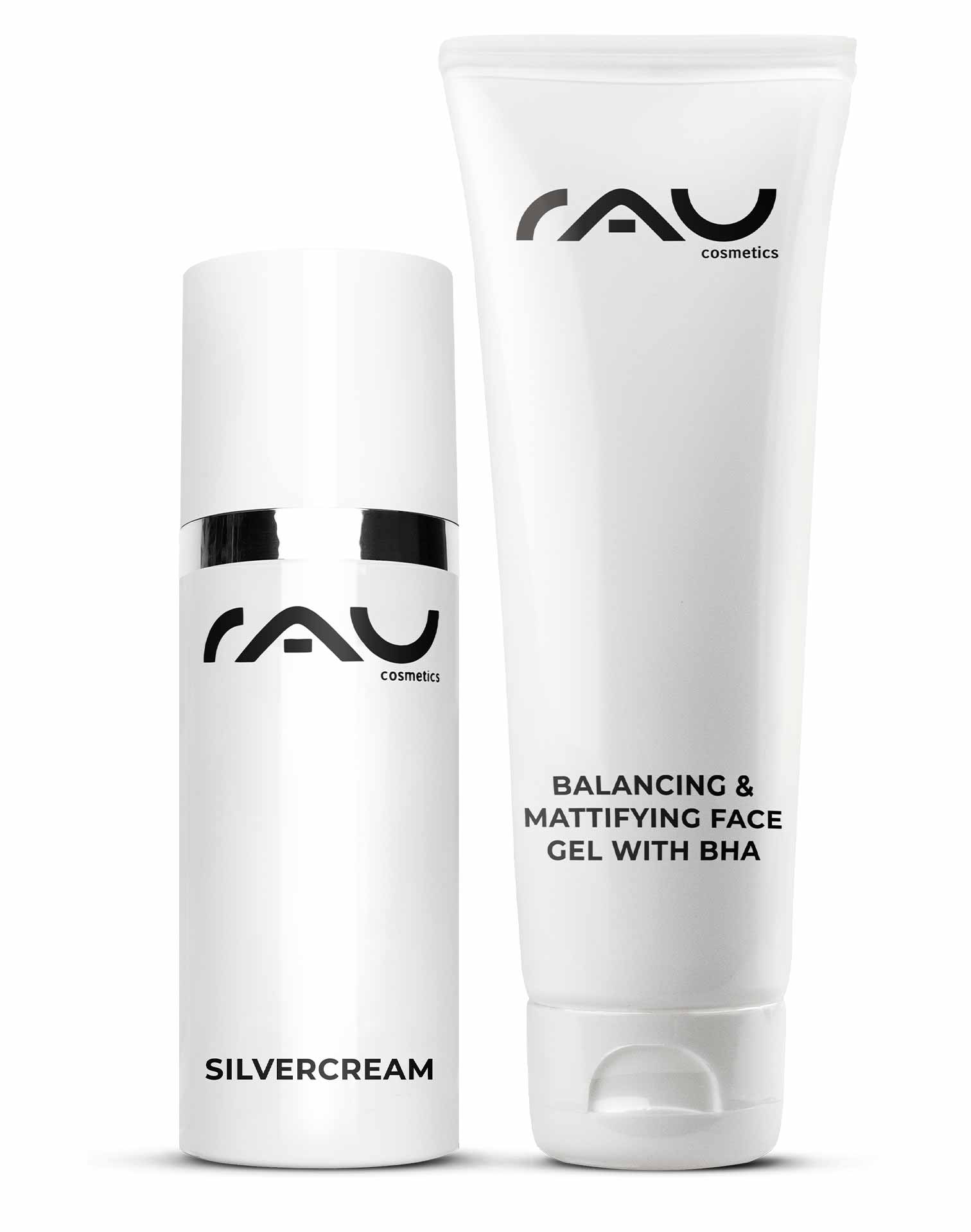 Power set for impure skin, oily skin, inflammation, pimples, itching. Powerset für unreine und fettige Haut von RAU Cosmetics, bestehend aus Silvercream und Balancing & Mattifying Face Gel mit BHA.