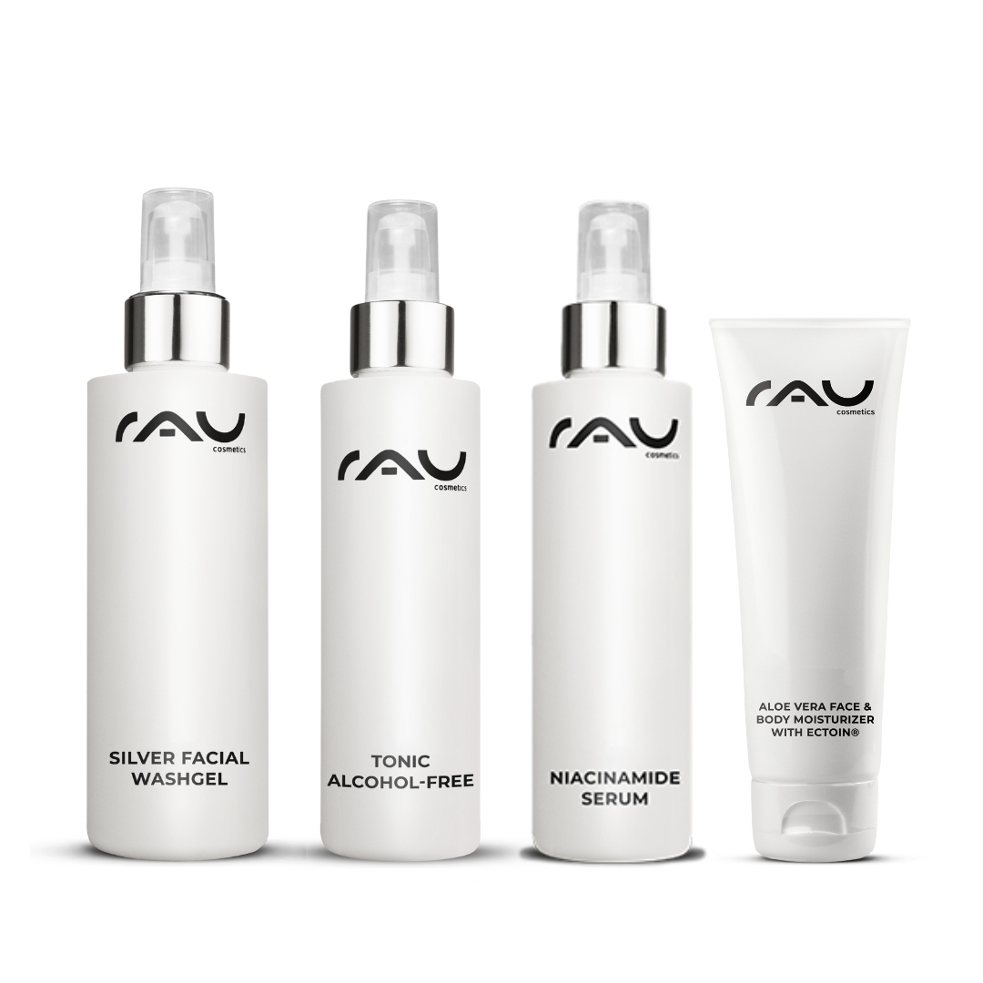 Advanced care routine for combination skin RAU Cosmetics Advanced Pflegeroutine für Mischhaut mit Silver Facial Washgel, alkoholfreiem Tonic, Niacinamid-Serum und Aloe Vera-Feuchtigkeitscreme, entwickelt für die Pflege von Mischhaut.