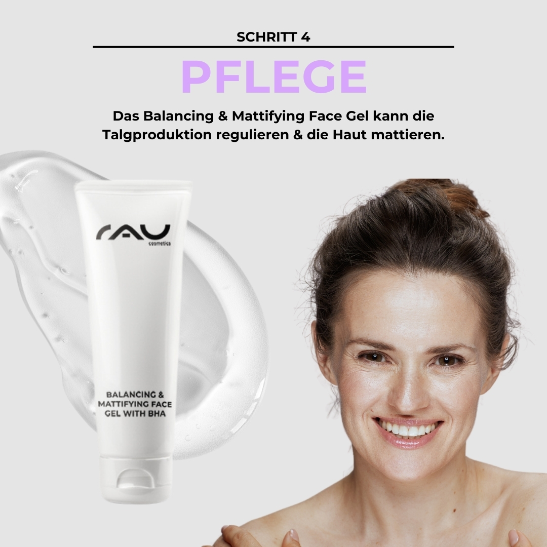 Profi Pflegeroutine bei fettiger Haut Ausgleichendes und mattierendes Gesichtsgel von RAU Cosmetics, Schritt 4 der Pflegeroutine für fettige Haut, lächelnde Frau mit reiner Haut, Geltextur im Hintergrund, Vorteile für die Hautpflege hervorgehoben.