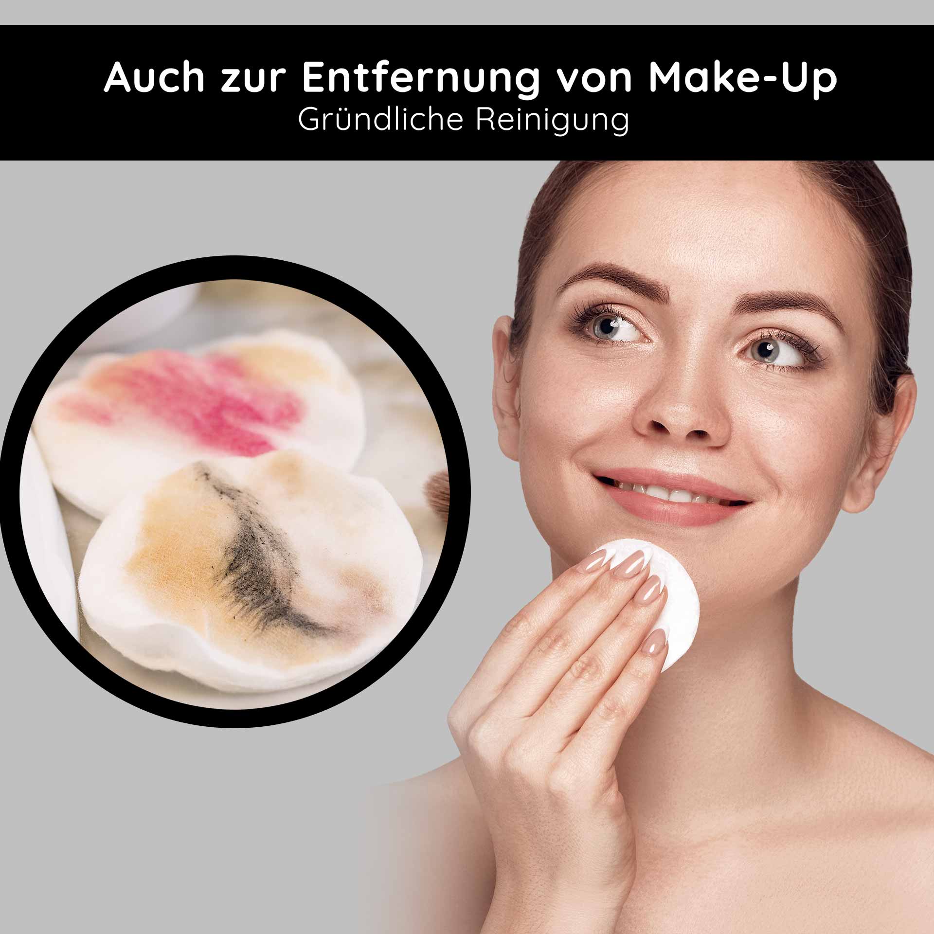 Deep Cleansing 2in1 200 ml 2in1 Gesichtswasser Frau mit Wattepad zur Gesichtsreinigung, Make-up-Rückstände auf dem Pad, Anwendung des RAU Cosmetics Deep Cleansing 2in1 Gesichtswassers.