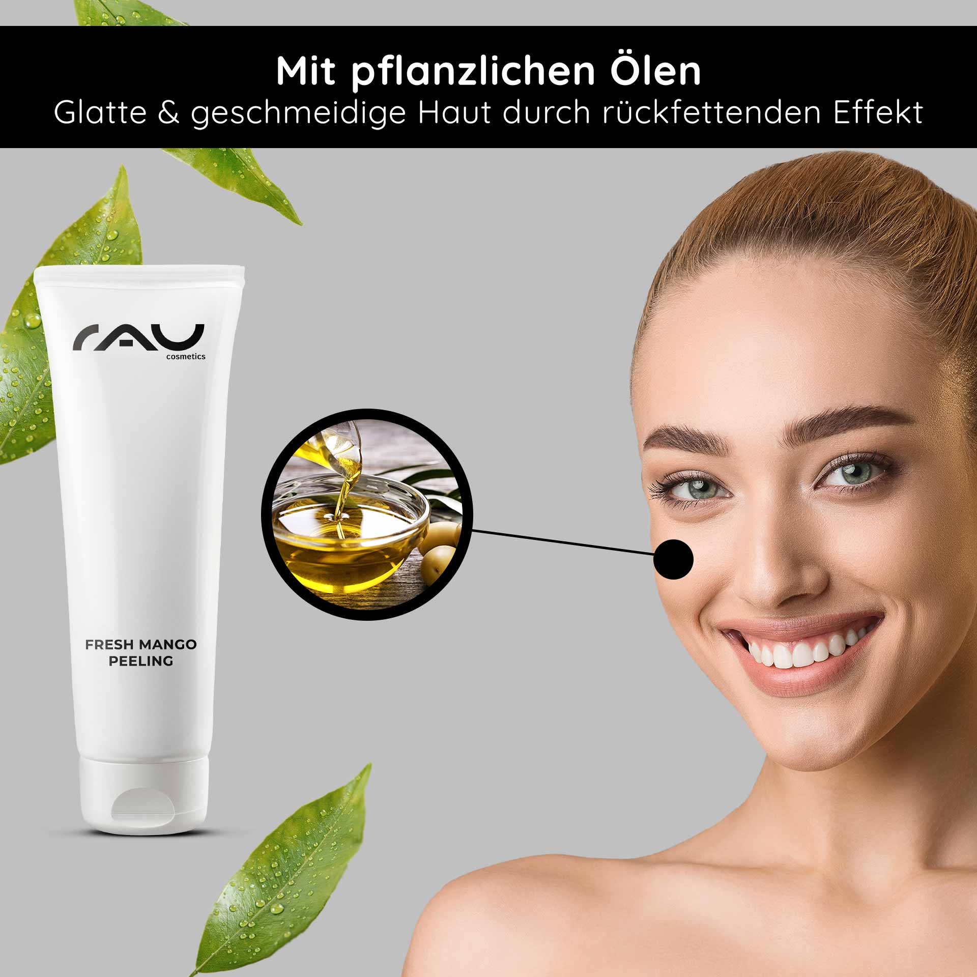 Fresh Mango Peeling 75 ml Enzymepeeling mit Mangoduft für feine Poren  RAU Cosmetics Fresh Mango Peeling-Tube mit Pflanzenölen für glatte und weiche Haut, neben einer lächelnden Frau, die die Vorteile des Produkts hervorhebt.