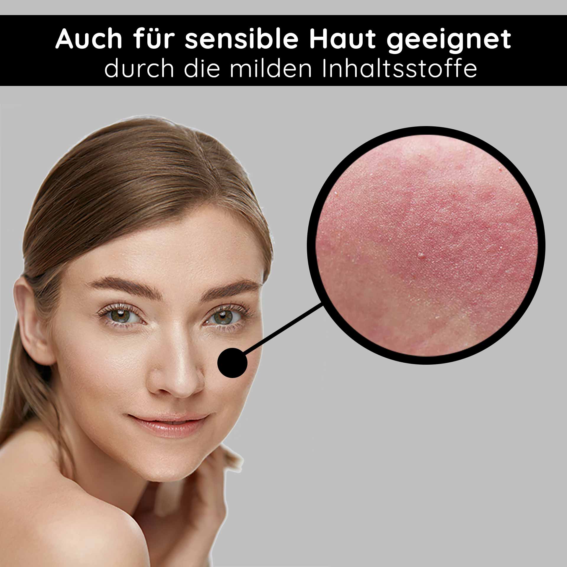White Tea Cream 50 ml  Anti Aging 24h Creme für trockene und unreine Haut Frau mit strahlender Haut und sanftem Lächeln, hervorgehoben durch Nahaufnahme empfindlicher Hautpartie, geeignet für sensible Haut, betont die milden Inhaltsstoffe der RAU Cosmetics White Tea Cream.