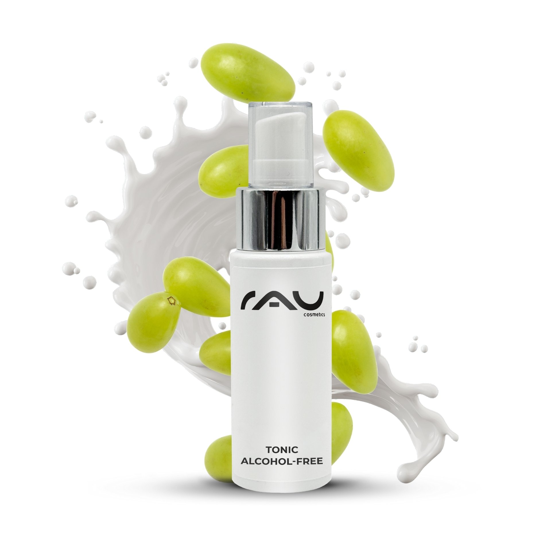 Alkoholfreie Gesichtswasserflasche RAU Tonic mit Brennnesselextrakt, umgeben von grünen Trauben und Flüssigkeitsspritzern, die die sanfte Reinigung empfindlicher Haut betonen.