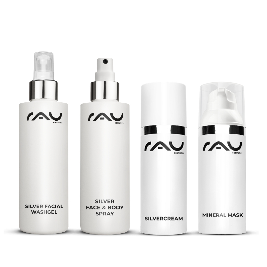 Profi Pflegeroutine für Neurodermitis Profi Pflegeroutine für Neurodermitis von RAU Cosmetics, bestehend aus Silber Waschgel, Silber Gesichts- und Körperspray, Silbercreme und Mineralmaske, in eleganten weißen Flaschen mit schwarzem Logo.