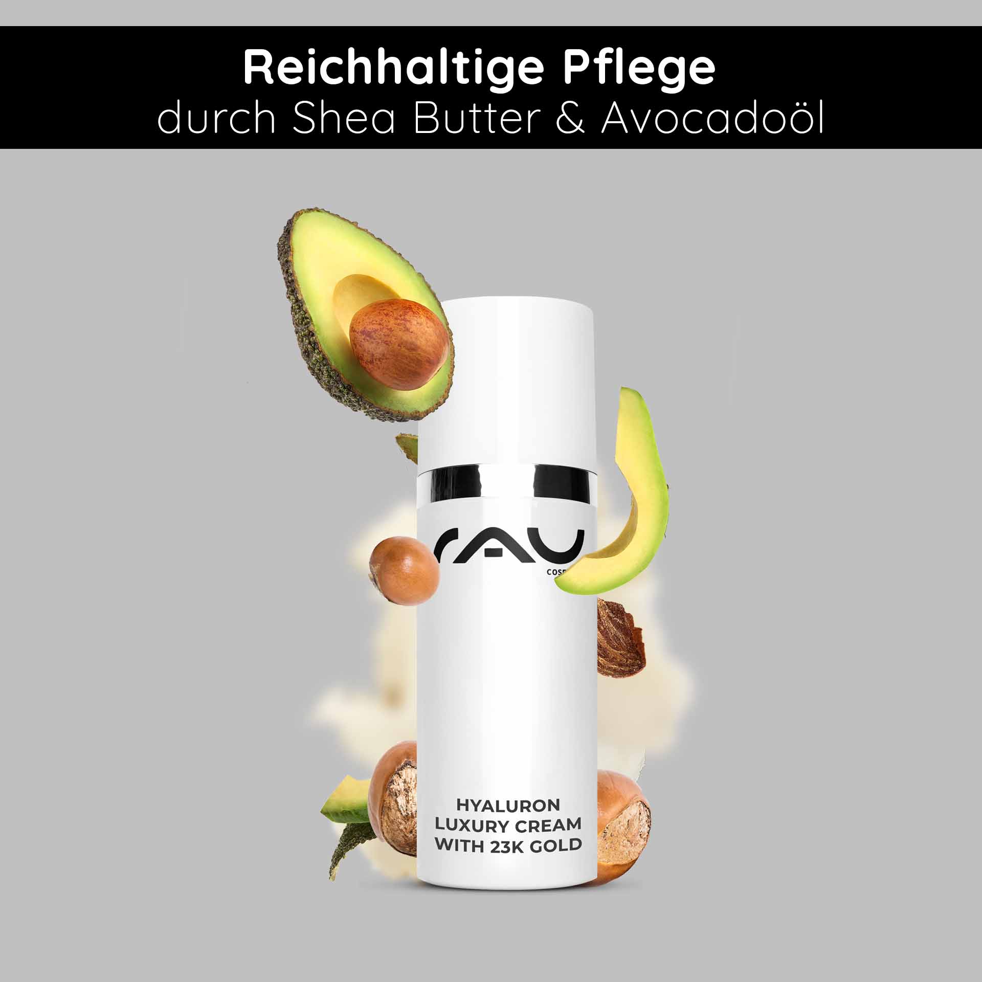 Hyaluron Luxury Cream with 23k Gold 50 ml Anti Age Creme Hyaluron-Luxuscreme mit 23 Karat Gold in einer eleganten weißen Flasche, umgeben von Avocado und Sheabutter, die die reichhaltigen Hautpflegevorteile gegen Alterung und Feuchtigkeitsversorgung betont und sich als Geschenk zum Muttertag eignet.