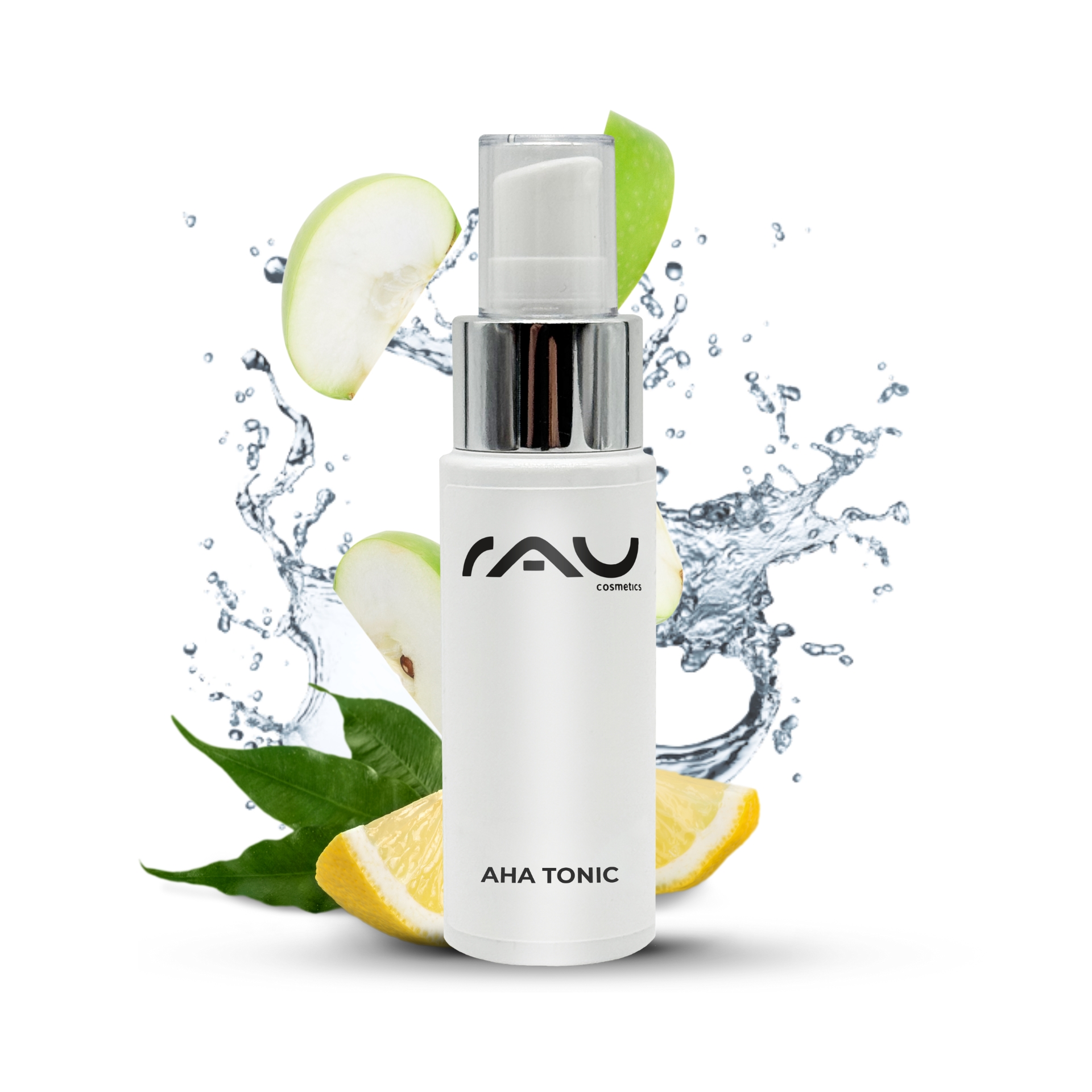 RAU AHA Tonic 50 ml - Refreshing tonic with mild fruit acids. RAU AHA Tonic-Flasche mit einem Spritzer Wasser, grünen Apfelscheiben und Zitrone, die die erfrischende Hautpflegewirkung mit milden Fruchtsäuren hervorhebt.