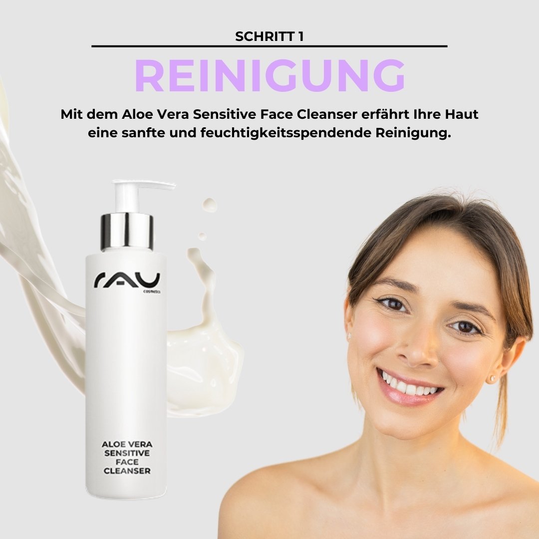 Aloe Vera Sensitive Face Cleanser von RAU Cosmetics mit einer lächelnden Frau, die die sanfte und feuchtigkeitsspendende Reinigung empfindlicher Haut betont, den ersten Schritt in der professionellen Hautpflegeroutine.