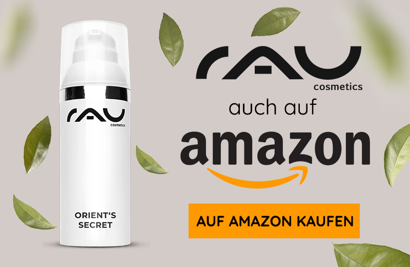 Verpackung der Gesichtscreme Orient‘s Secret von RAU Cosmetics mit Pumpspender und Blättern, die luxuriöse Hautpflegefunktionen präsentiert.
