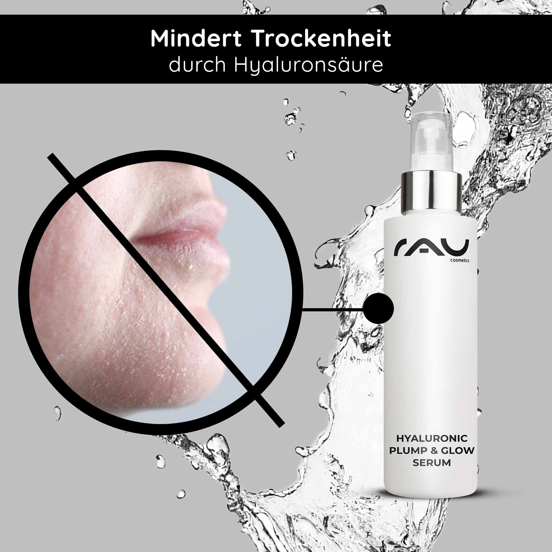 Hyaluronic Plump & Glow Serum von RAU Cosmetics, das die Vorteile für trockene Haut mit Nahaufnahmen strukturierter Haut und Wasserspritzeffekten hervorhebt.
