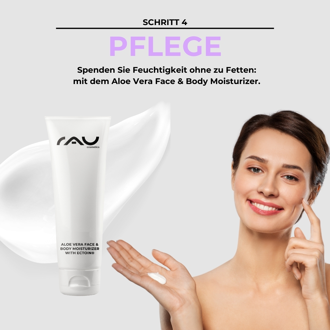 Professional care routine for combination skin Aloe Vera Face & Body Moisturizer von RAU Cosmetics in einer Tube, Frau trägt Feuchtigkeitscreme auf ihr Gesicht auf, Schritt 4 der professionellen Hautpflegeroutine für Mischhaut.
