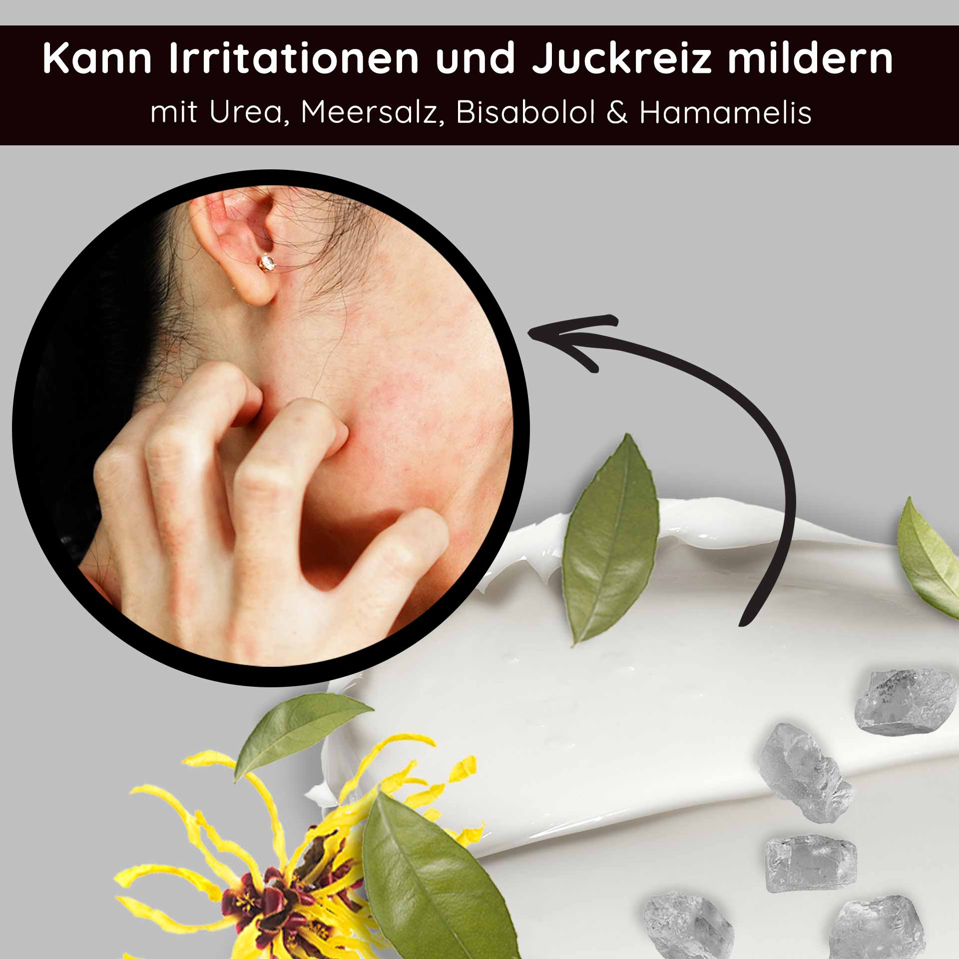 Sea Salt Calming Cream 200 ml mit Meersalz und PHA Frau kratzt sich am Hals, umgeben von beruhigenden Inhaltsstoffen wie Urea, Meersalz, Bisabolol und Hamamelis, mit Hinweis auf die Linderung von Irritationen und Juckreiz.