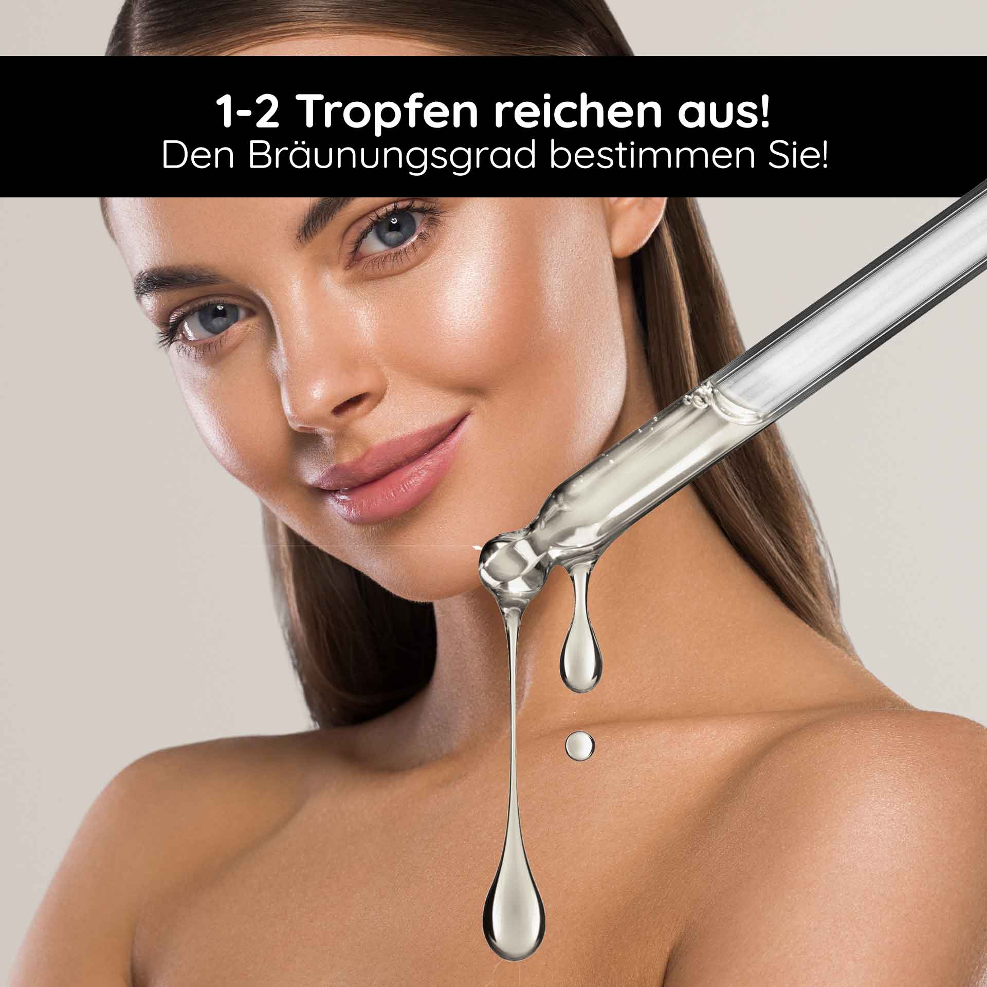 Self Tanner Face Serum  30 ml Natürlicher Selbstbräuner Natürliche Selbstbräunertropfen auf der Haut einer Frau, die den Bräunungsgrad individuell bestimmen kann, mit einem Pipettenbehälter, der Tropfen abgibt.