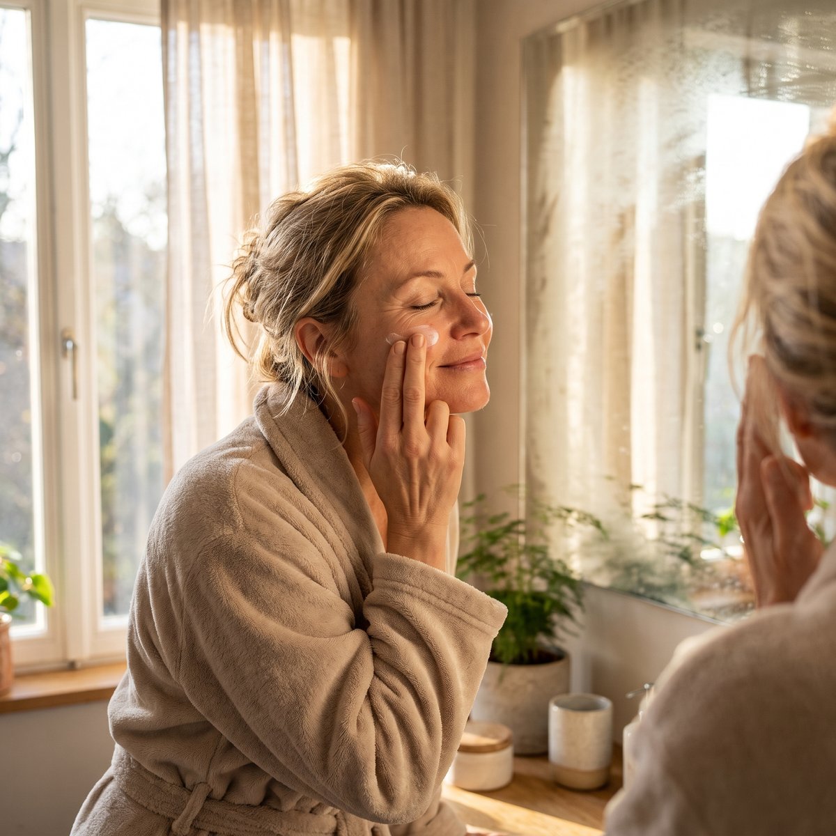 Frau Anfang 40 trägt morgens im hellen Badezimmer Feuchtigkeitscreme mit den Fingerspitzen auf die Wange auf