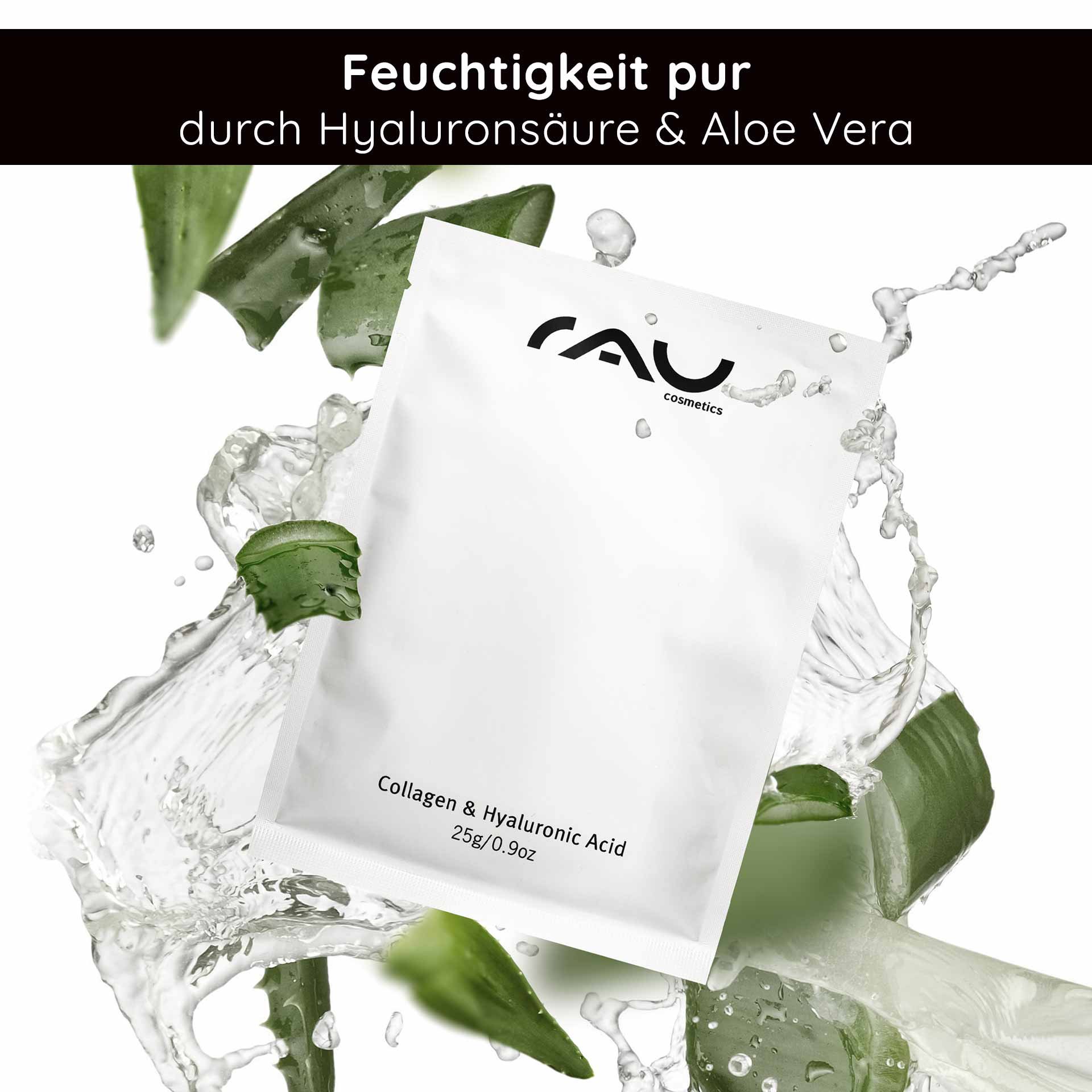 Bildtext: Feuchtigkeit pur durch Hyaluronsäure & Aloe Vera. Produktbeutel mit RAU-Cosmetics-Logo zwischen Aloe-Vera-Blattstücken und aufspritzendem Wasser.