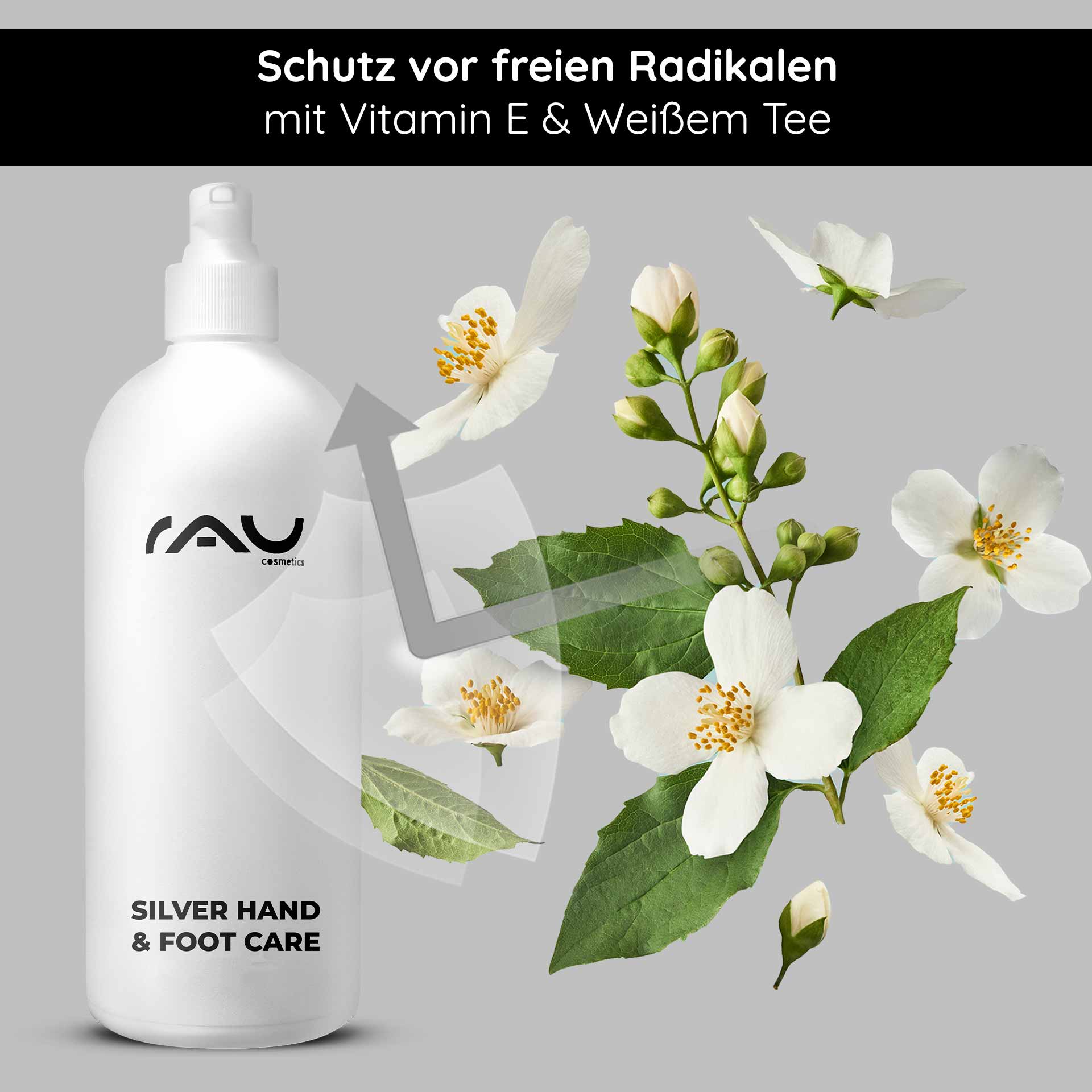 Silver Hand & Foot Care 500 ml for hand & foot cream Flasche mit RAU Cosmetics Silver Hand & Foot Care, umgeben von weißen Blüten und Blättern, betont den Schutz vor freien Radikalen mit Vitamin E und weißem Tee.