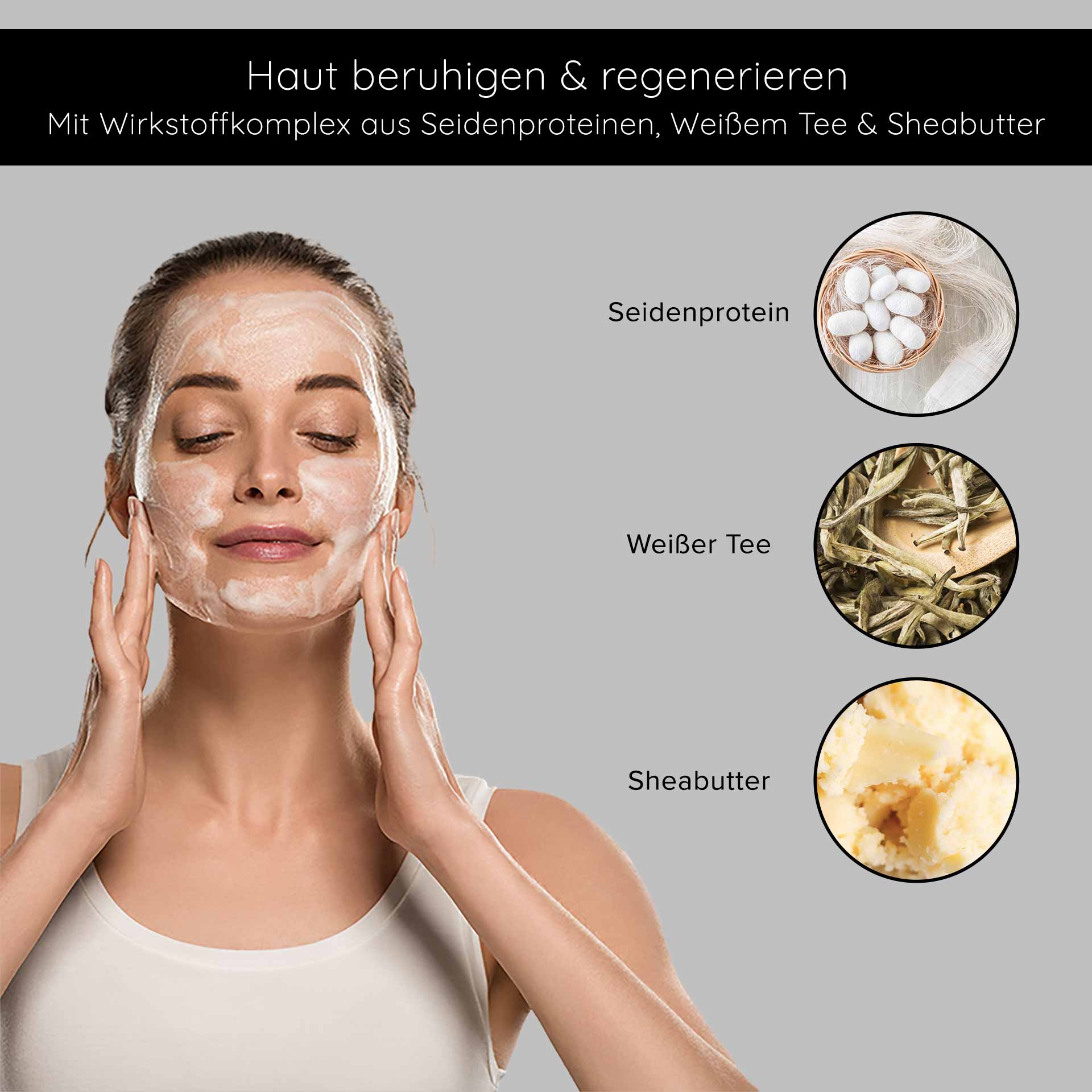 White Tea & Silk Protein Night Care 50 ml Nachtcreme Frau mit schäumender Gesichtsmaske, die Seidenproteine, weißen Tee und Sheabutter zur Hautberuhigung und -regeneration anwendet.