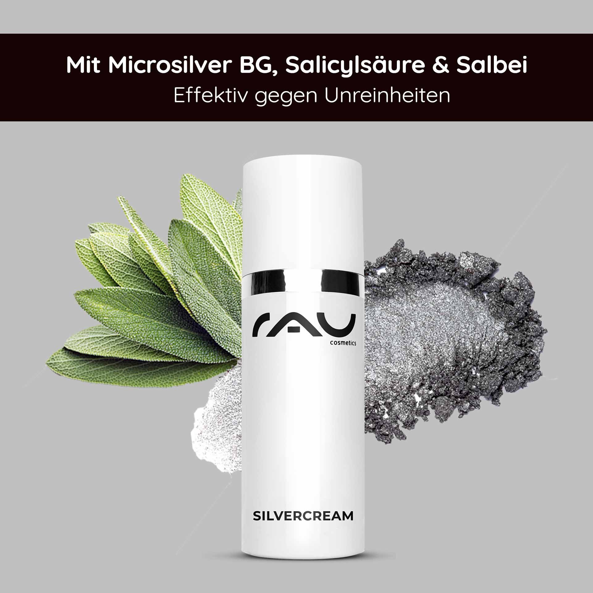 RAU Silvercream Verpackung mit MicroSilver BG, Salicylsäure und Salbei für zu Unreinheiten neigende Haut