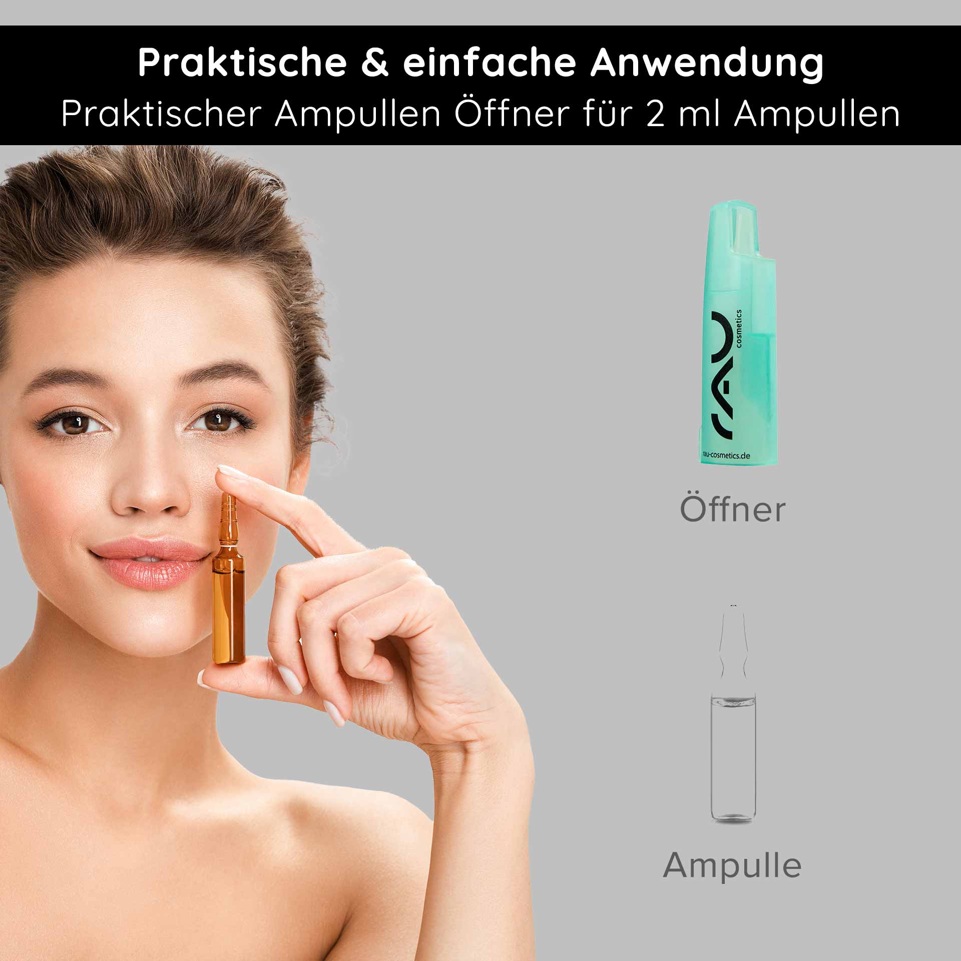 Ampullenöffner für 2 ml Brechampullen Praktischer Ampullenöffner von RAU Cosmetics für 2 ml Ampullen, abgebildet mit einer Person, die eine Ampulle hält, und dem Öffner daneben, mit Fokus auf sichere Anwendung und Benutzerfreundlichkeit.