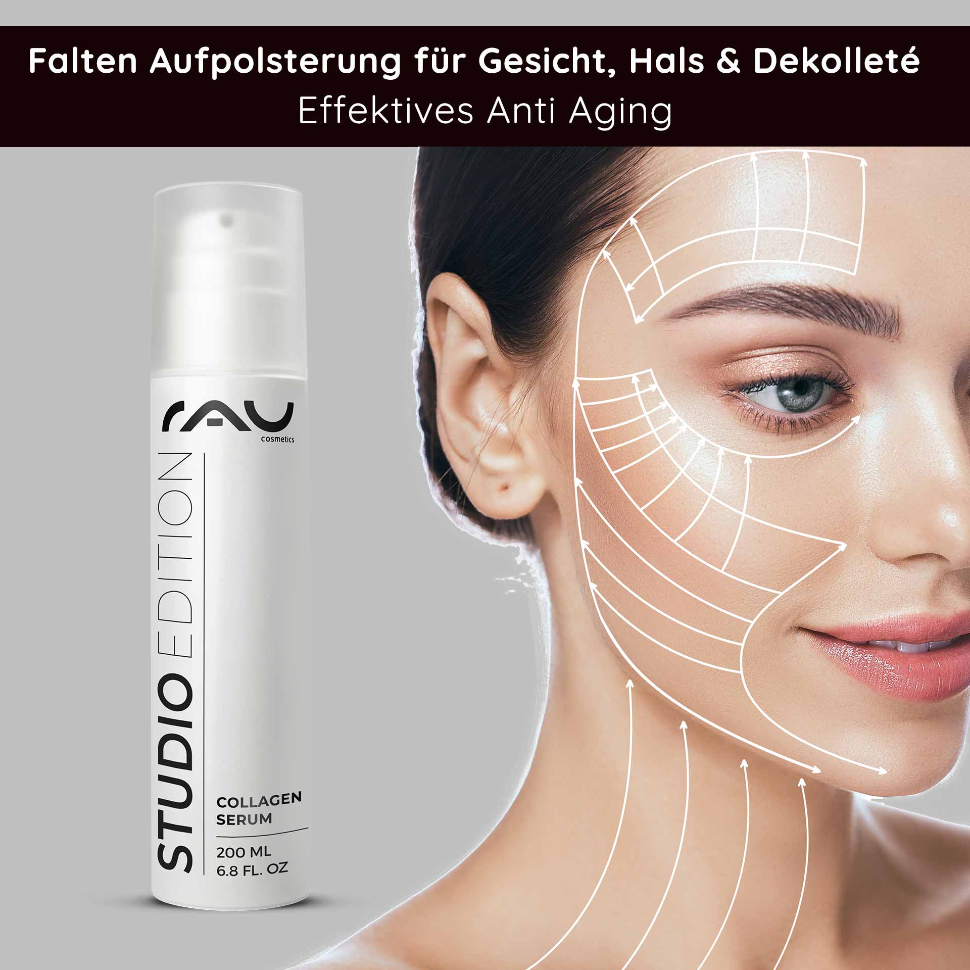 Collagen Serum 200 ml Anti-Aging Kur mit Trylagen Flasche RAU Collagen Serum mit Anti-Aging-Wirkung, mit dem Gesicht eines Models und Anwendungsanweisungen zur Hautverjüngung und Faltenreduzierung.