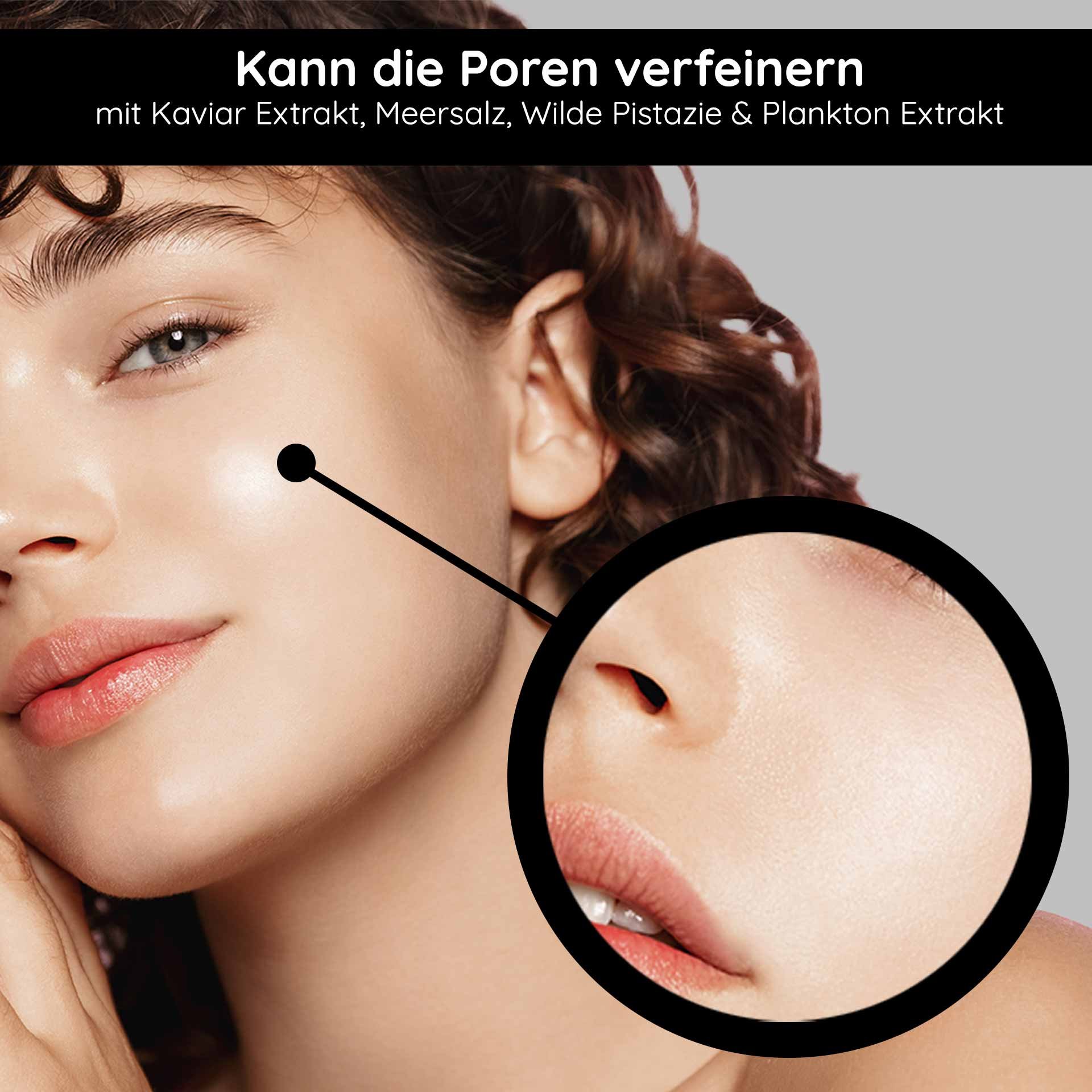 Frau mit glatter Haut zeigt die Wirkung des Caviar Pore Minimizer Serums, hervorgehobene Porenverfeinerung mit Kaviar- und Planktonextrakt.