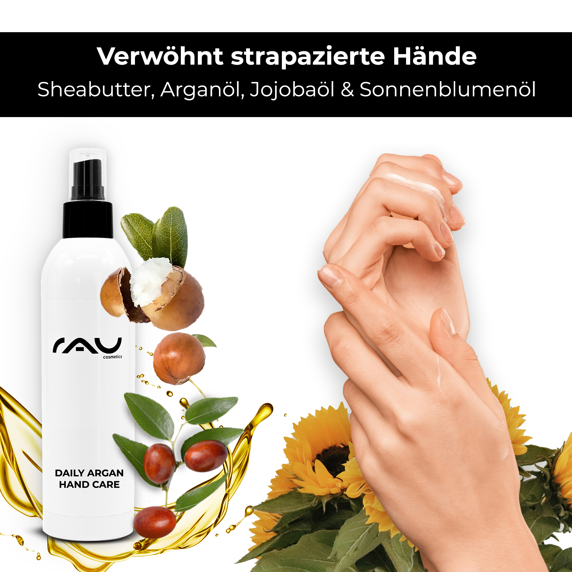 RAU Daily Argan Hand Care 75 ml - Nourishing Hand Cream for Stressed & Dry Hands Flasche, Finger, Person, Lotion, Kräuterig
